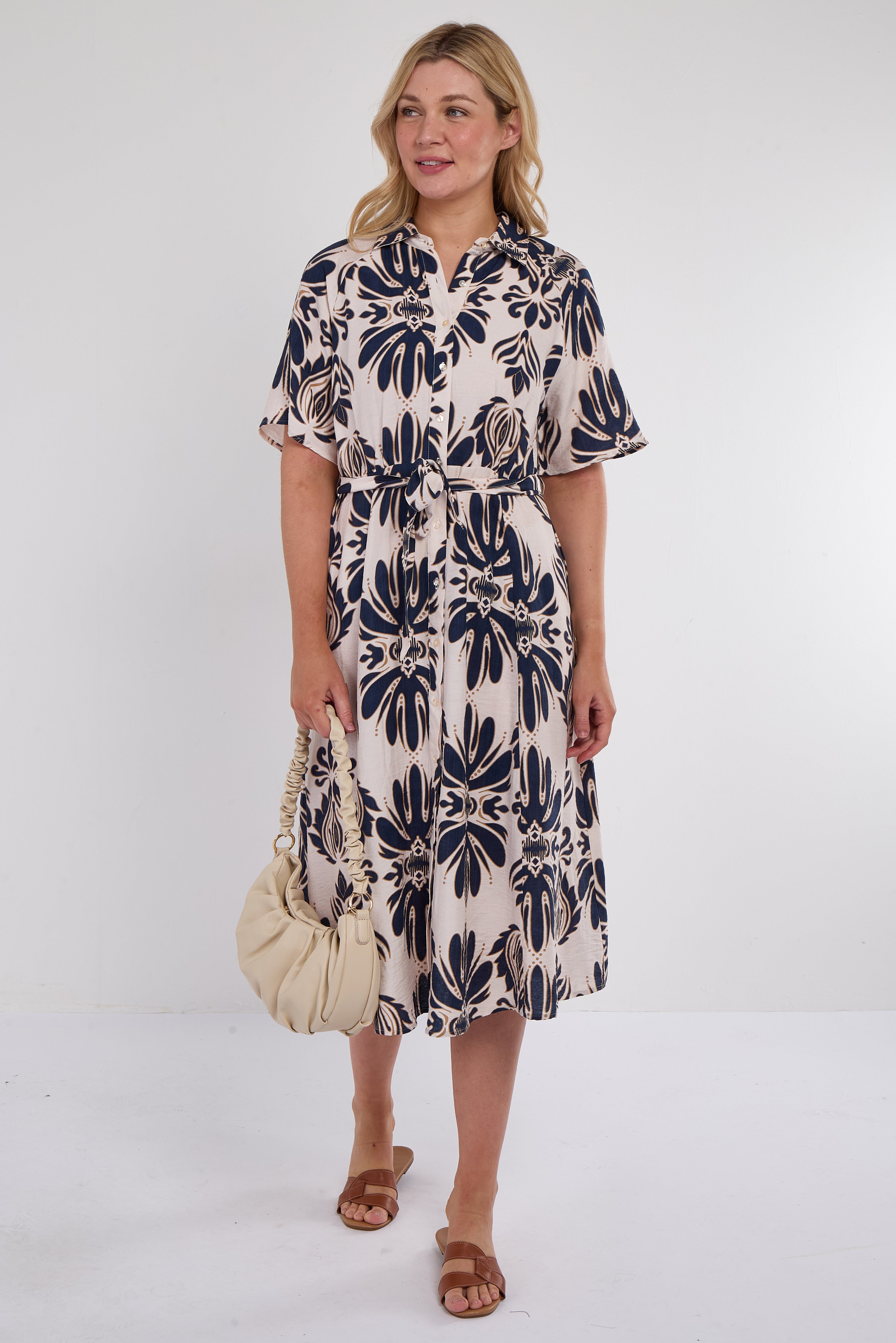 Navy Abstract Print Short Sleeve Midi Dress