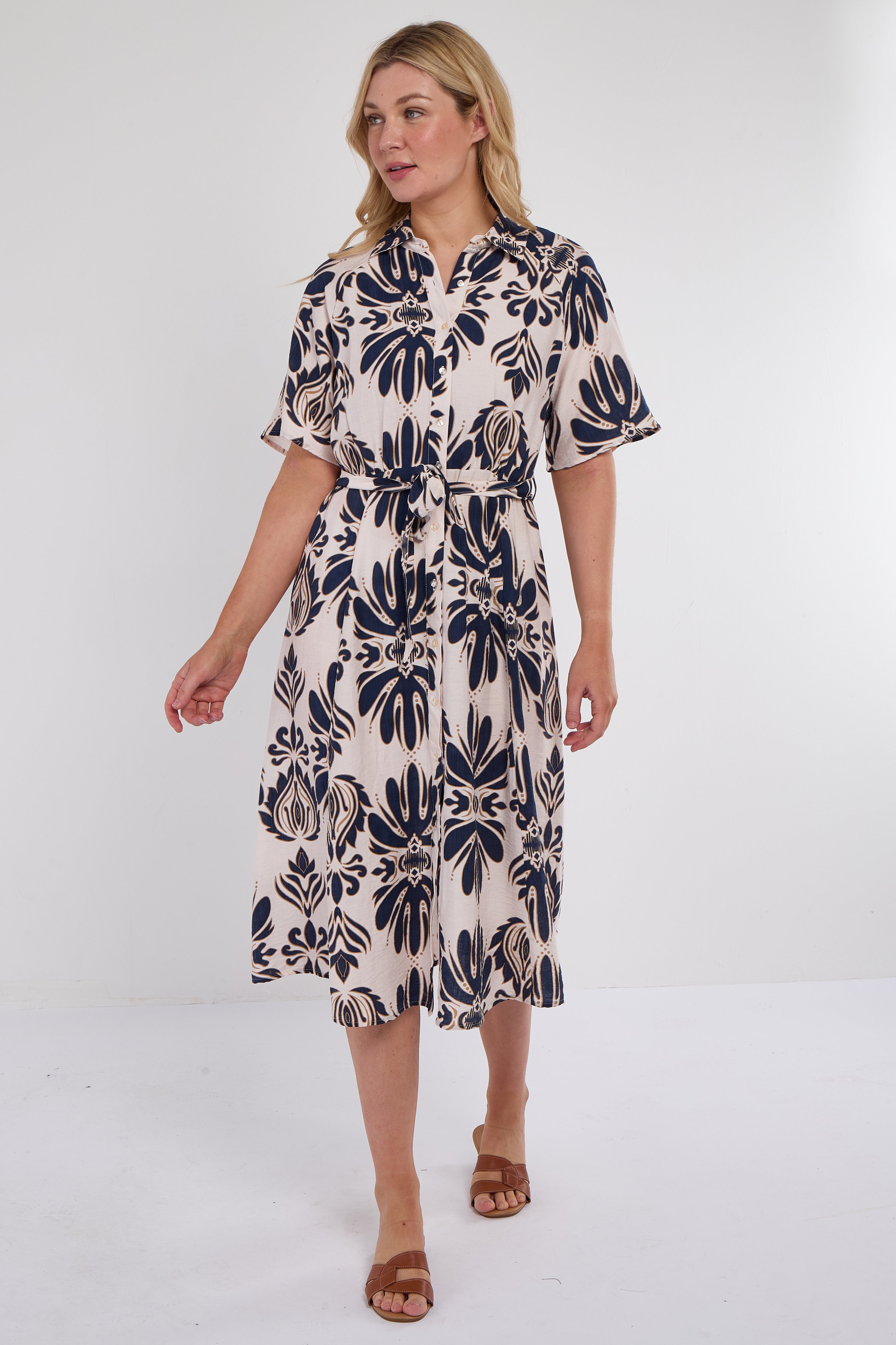 Navy Abstract Print Short Sleeve Midi Dress