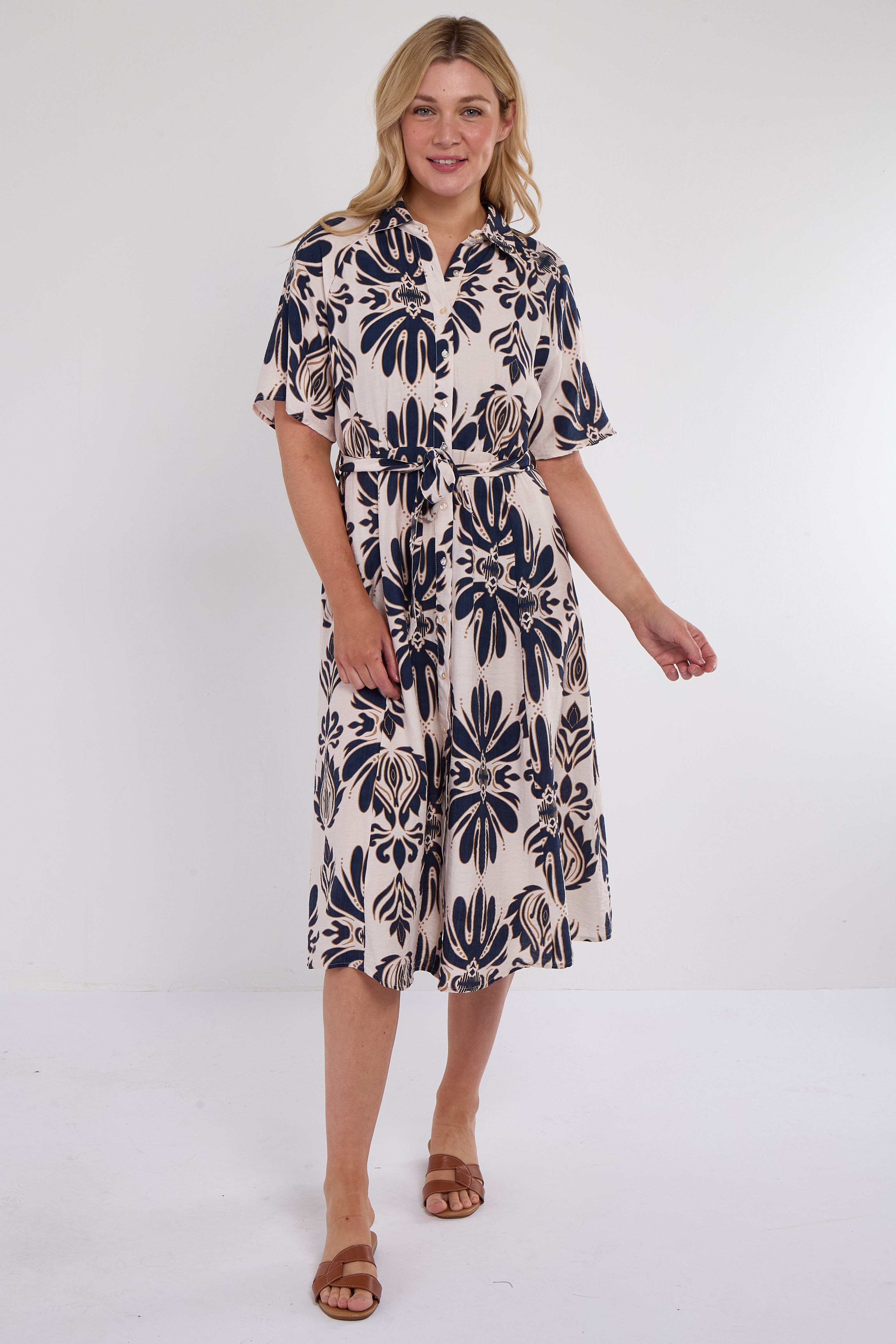 Navy Abstract Print Short Sleeve Midi Dress