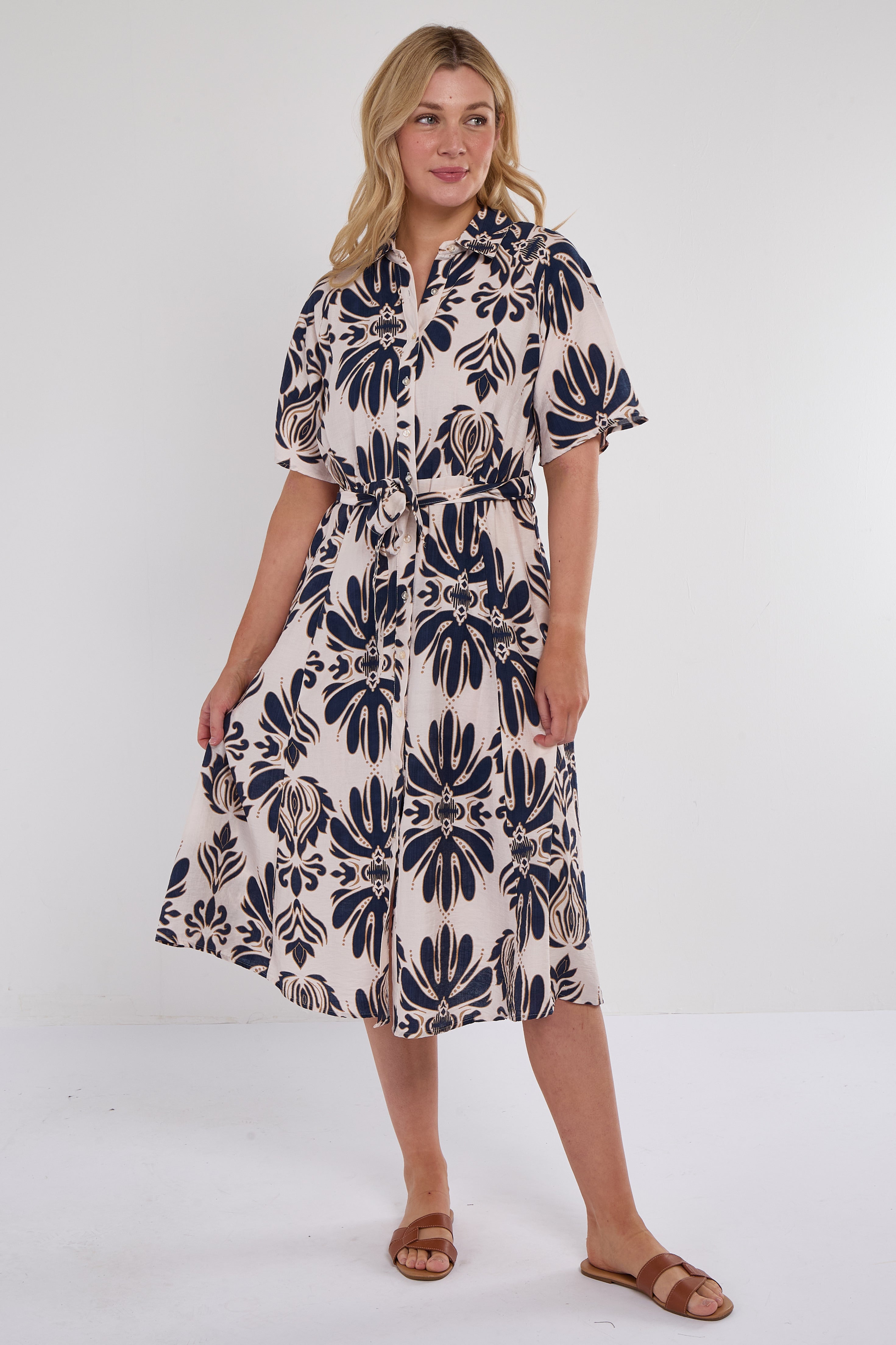 Navy Abstract Print Short Sleeve Midi Dress