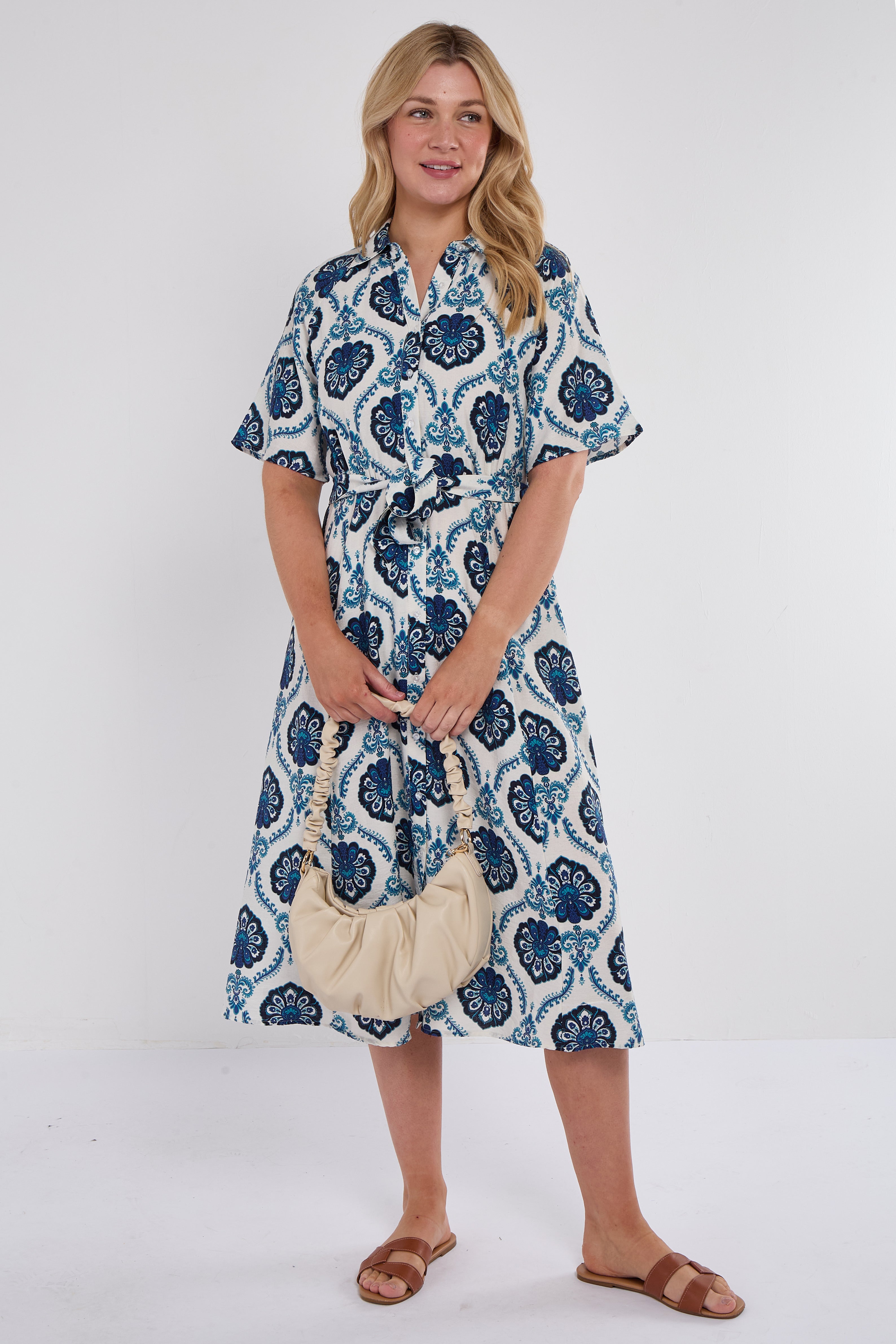 Navy Floral Tile Print Short Sleeve Midi Shirt Dress