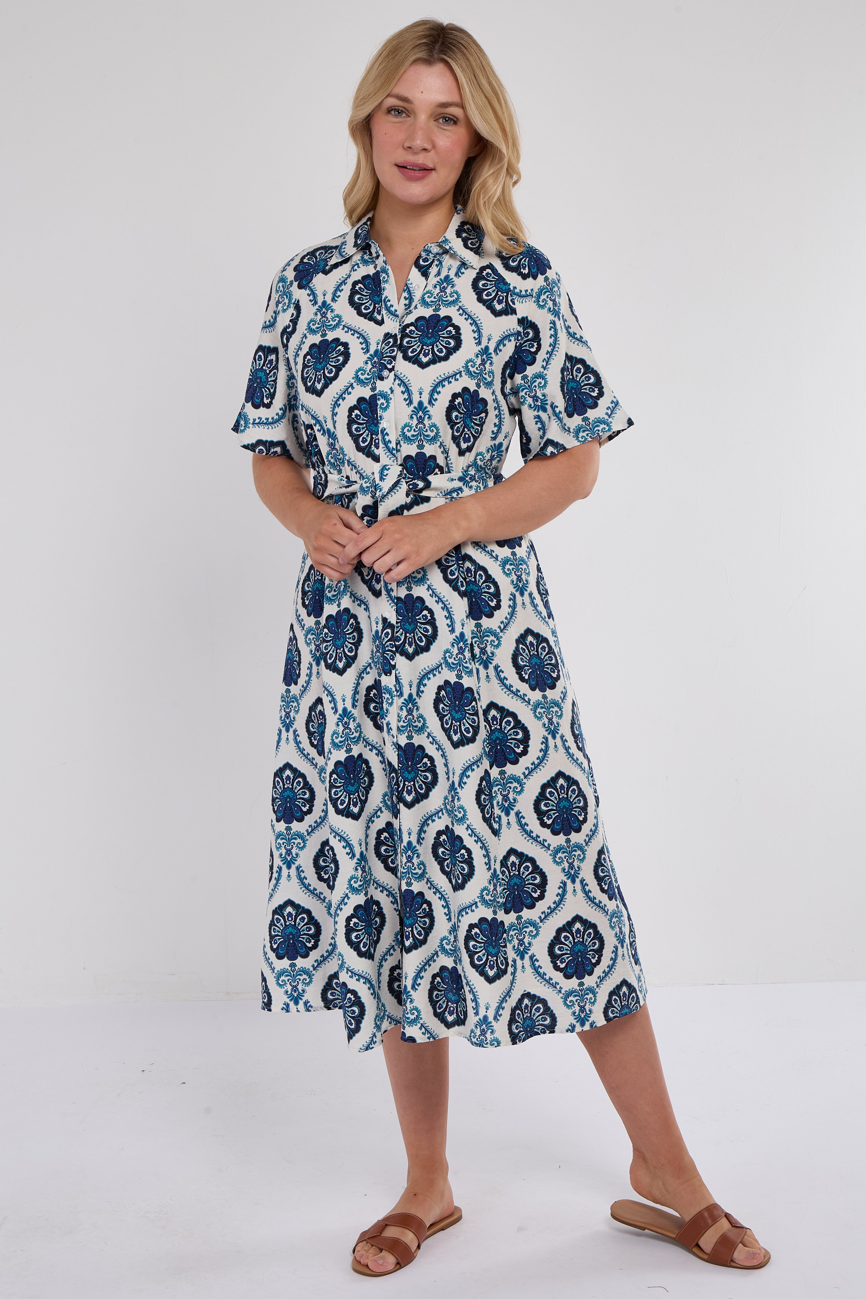 Navy Floral Tile Print Short Sleeve Midi Shirt Dress