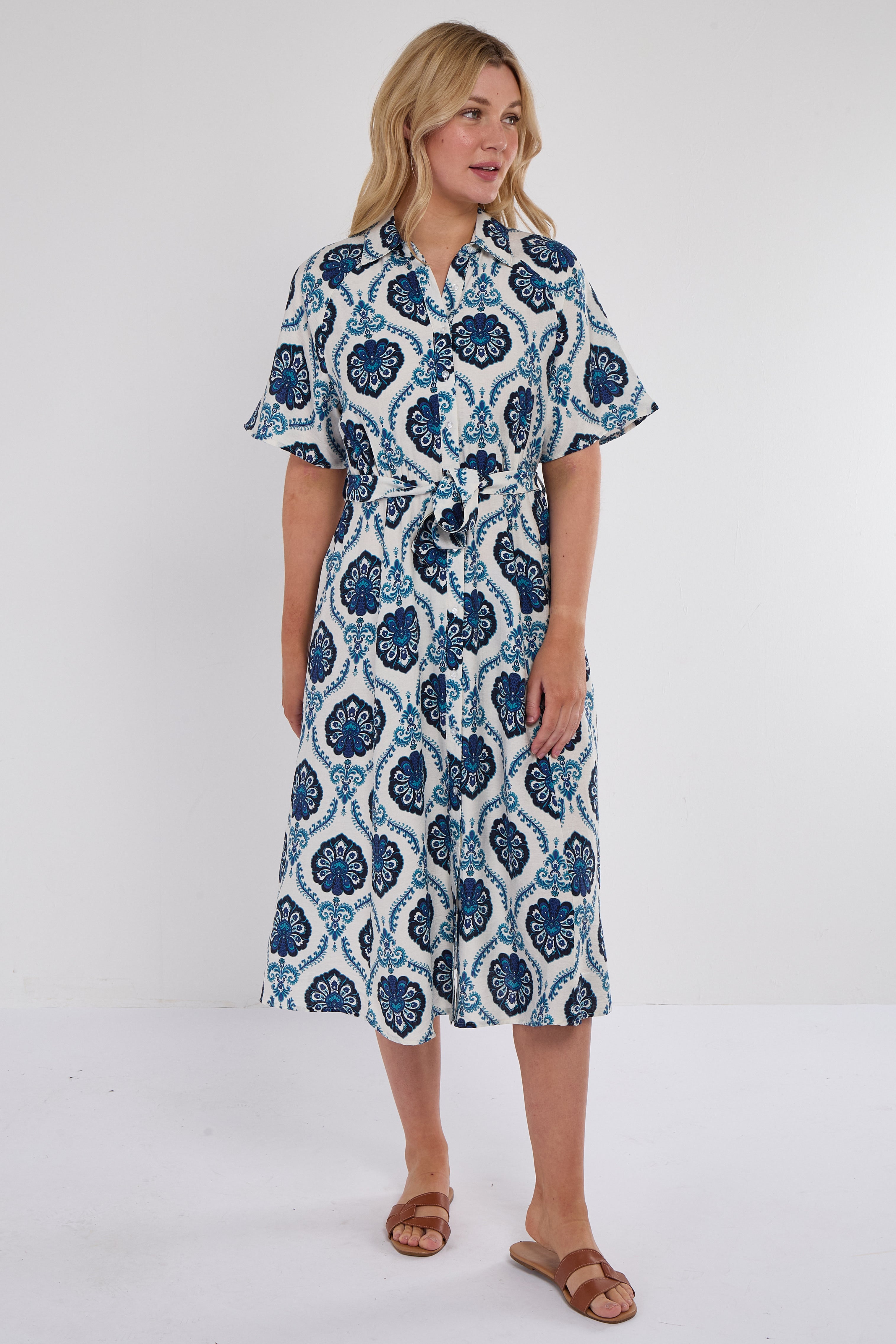 Navy Floral Tile Print Short Sleeve Midi Shirt Dress