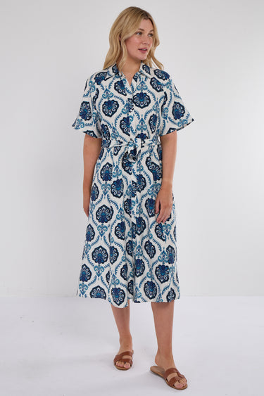 Navy Floral Tile Print Short Sleeve Midi Shirt Dress