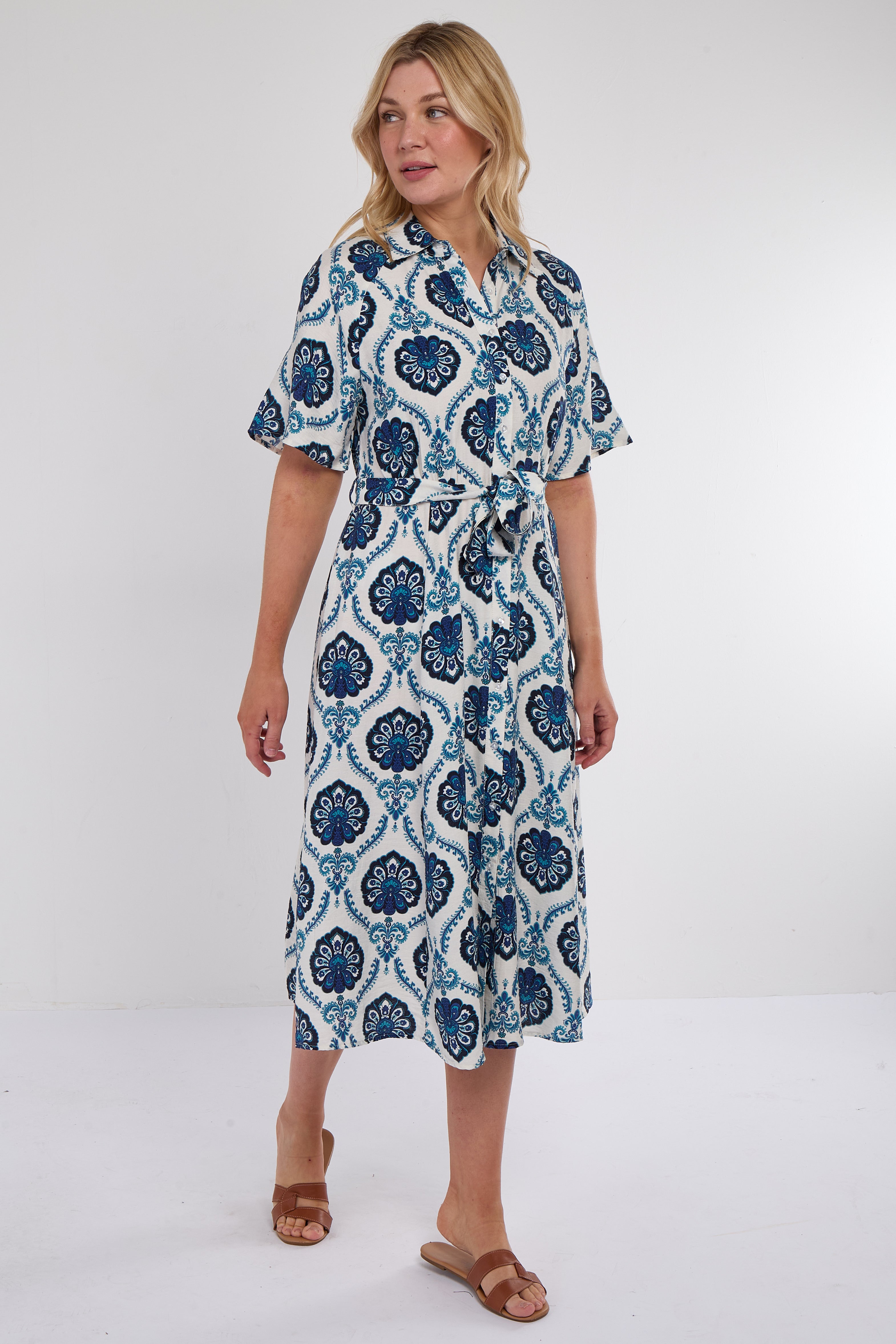 Navy Floral Tile Print Short Sleeve Midi Shirt Dress