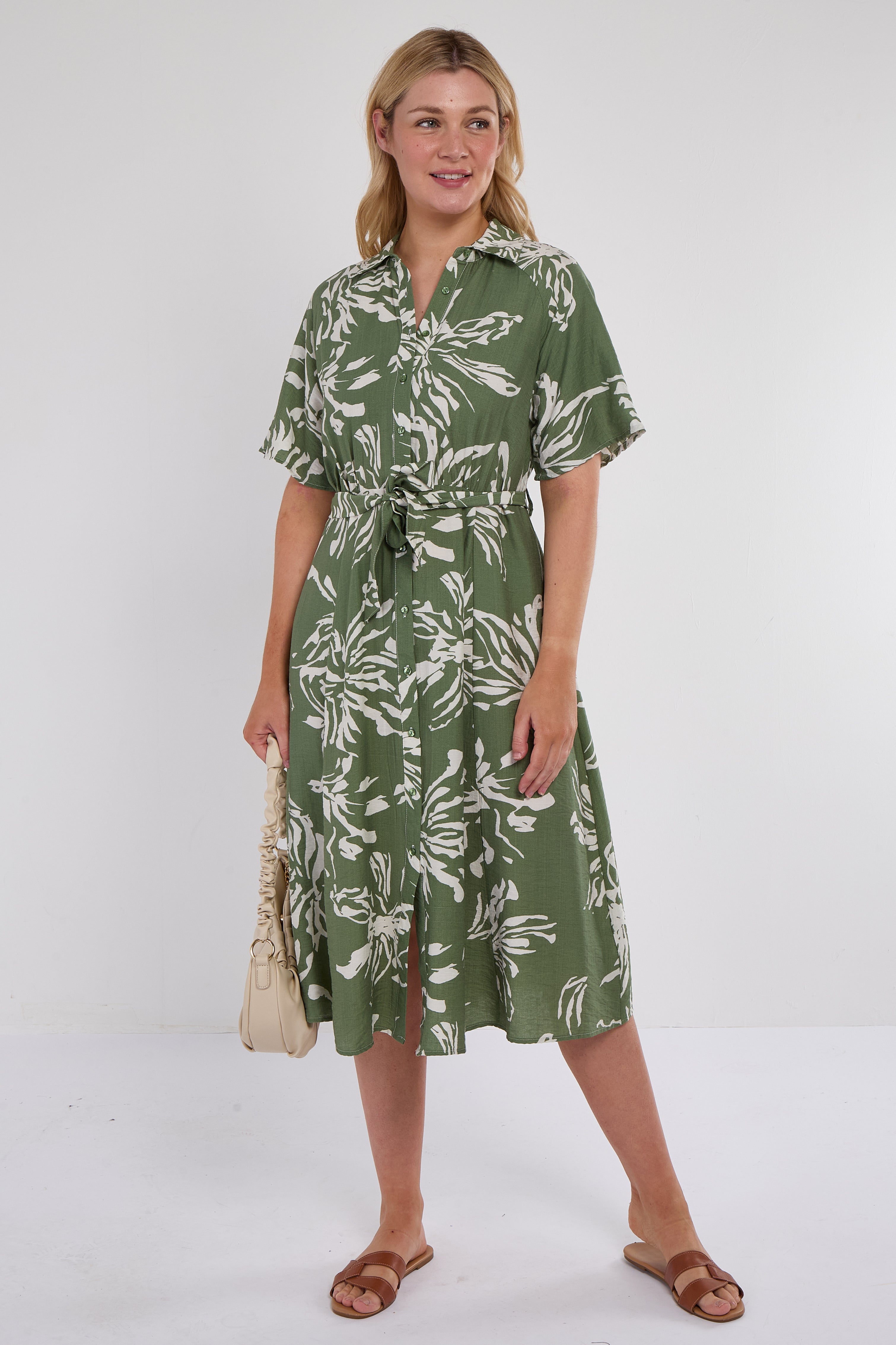 Green Abstract Floral Print Short Sleeve Midi Dress