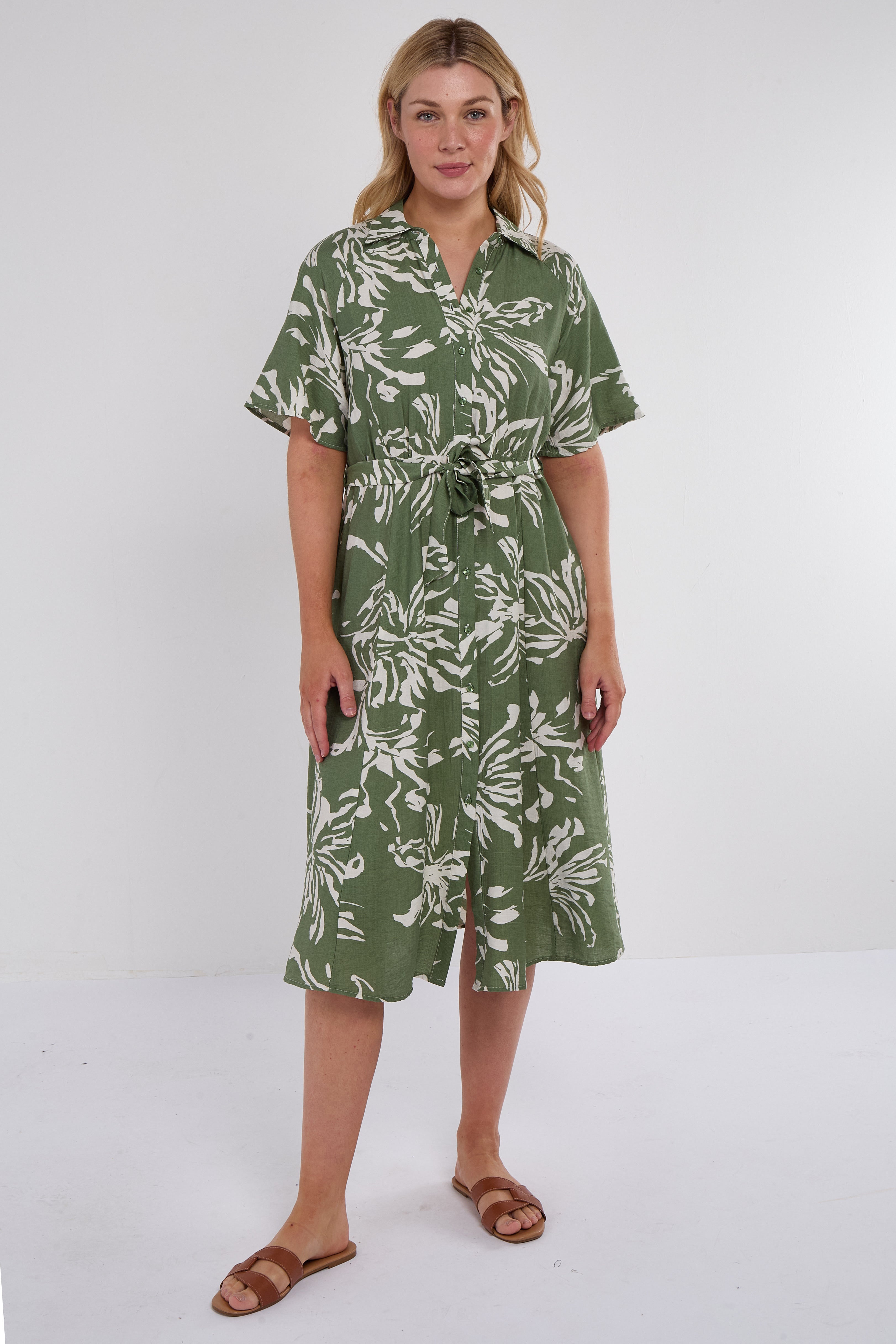 Green Abstract Floral Print Short Sleeve Midi Dress