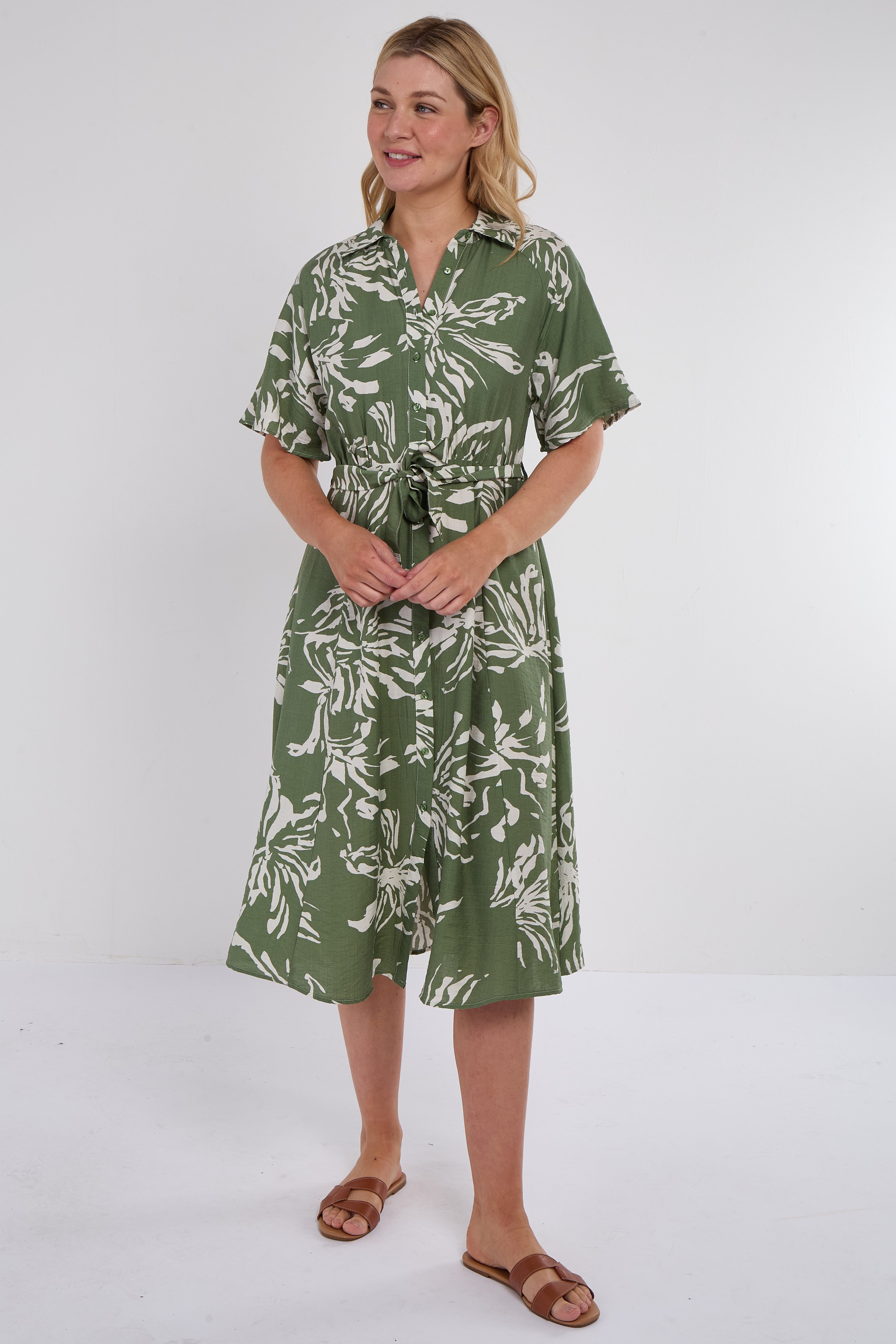 Green Abstract Floral Print Short Sleeve Midi Dress