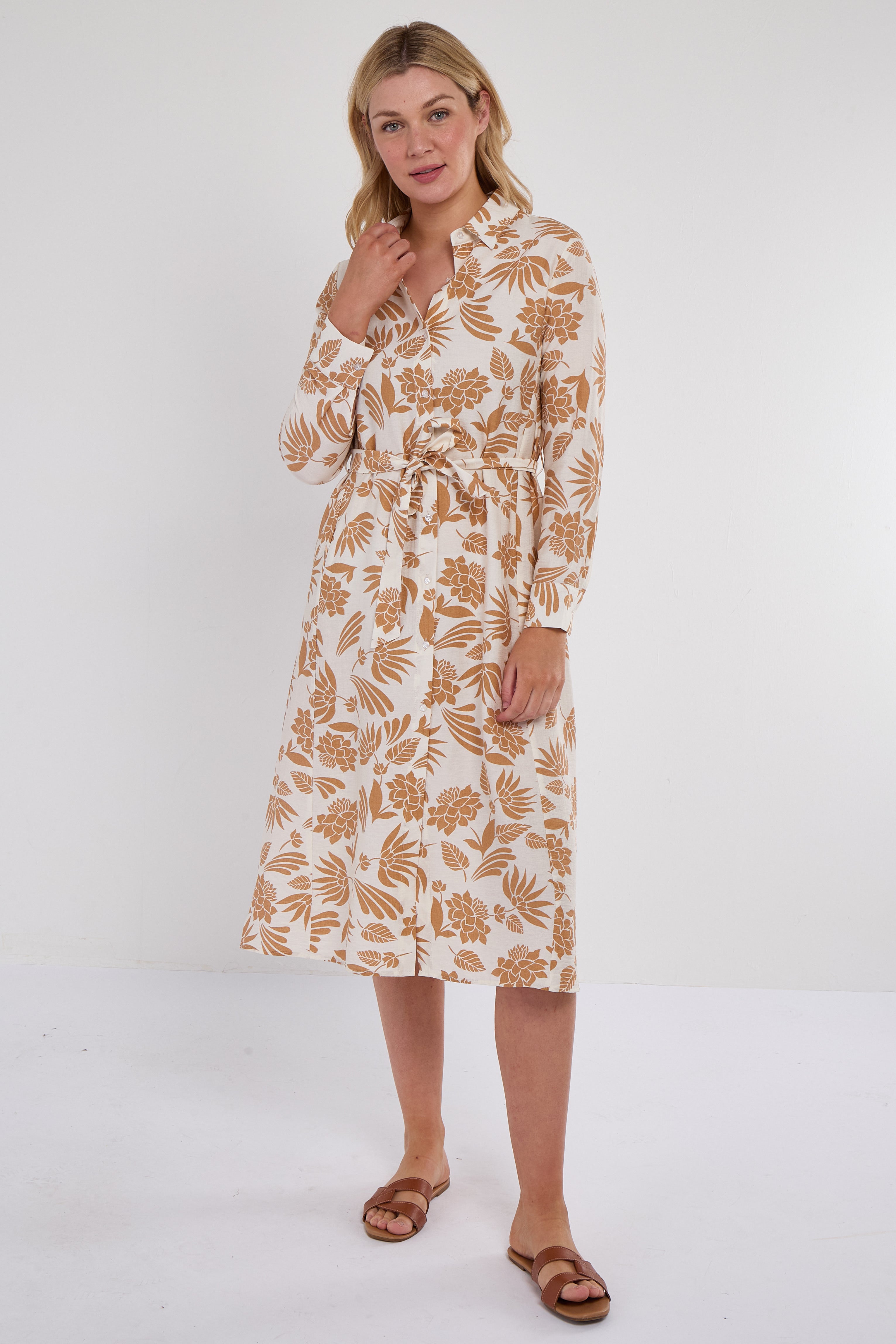 Ochre Botanical Print Midi Shirt Dress
