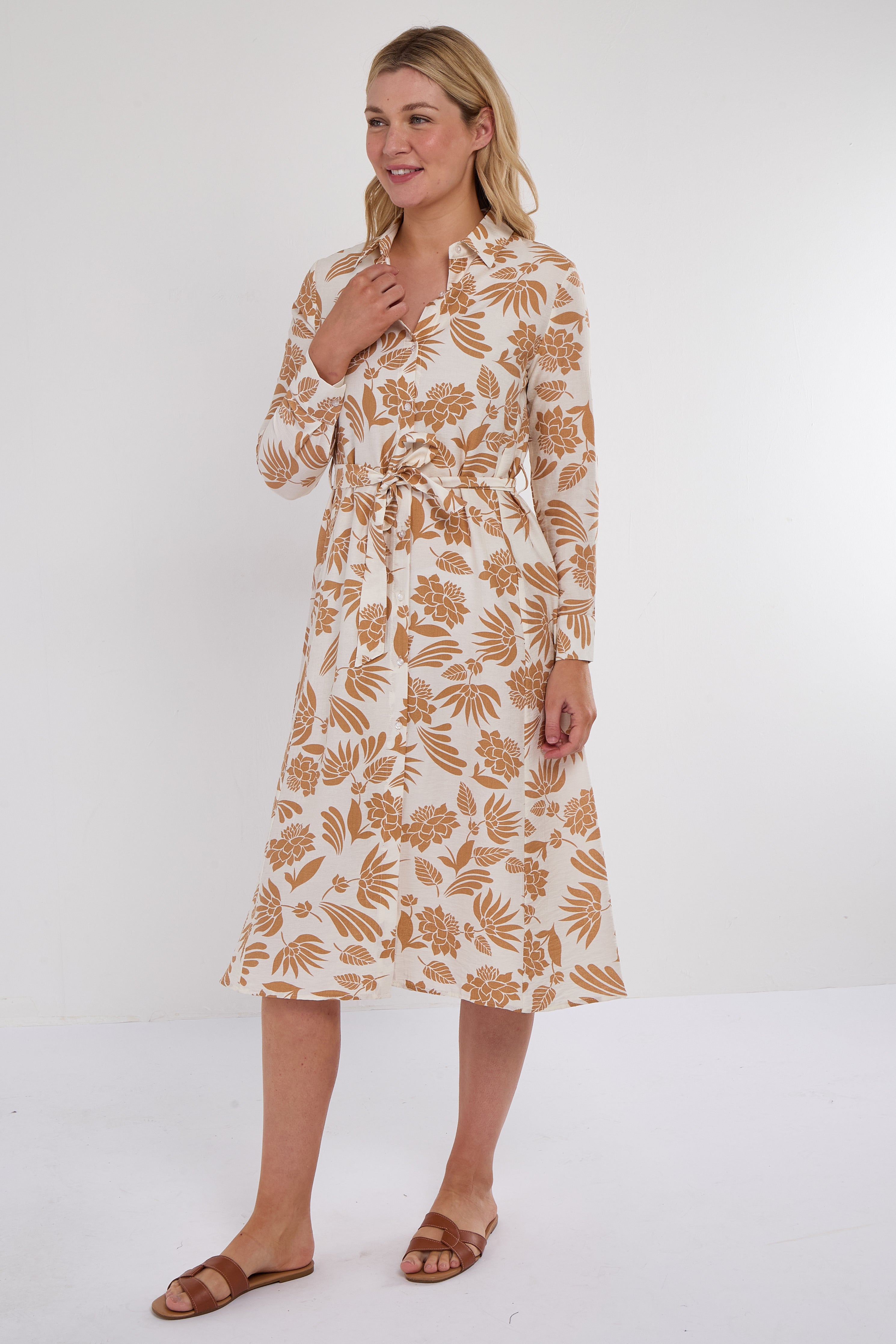 Ochre Botanical Print Midi Shirt Dress