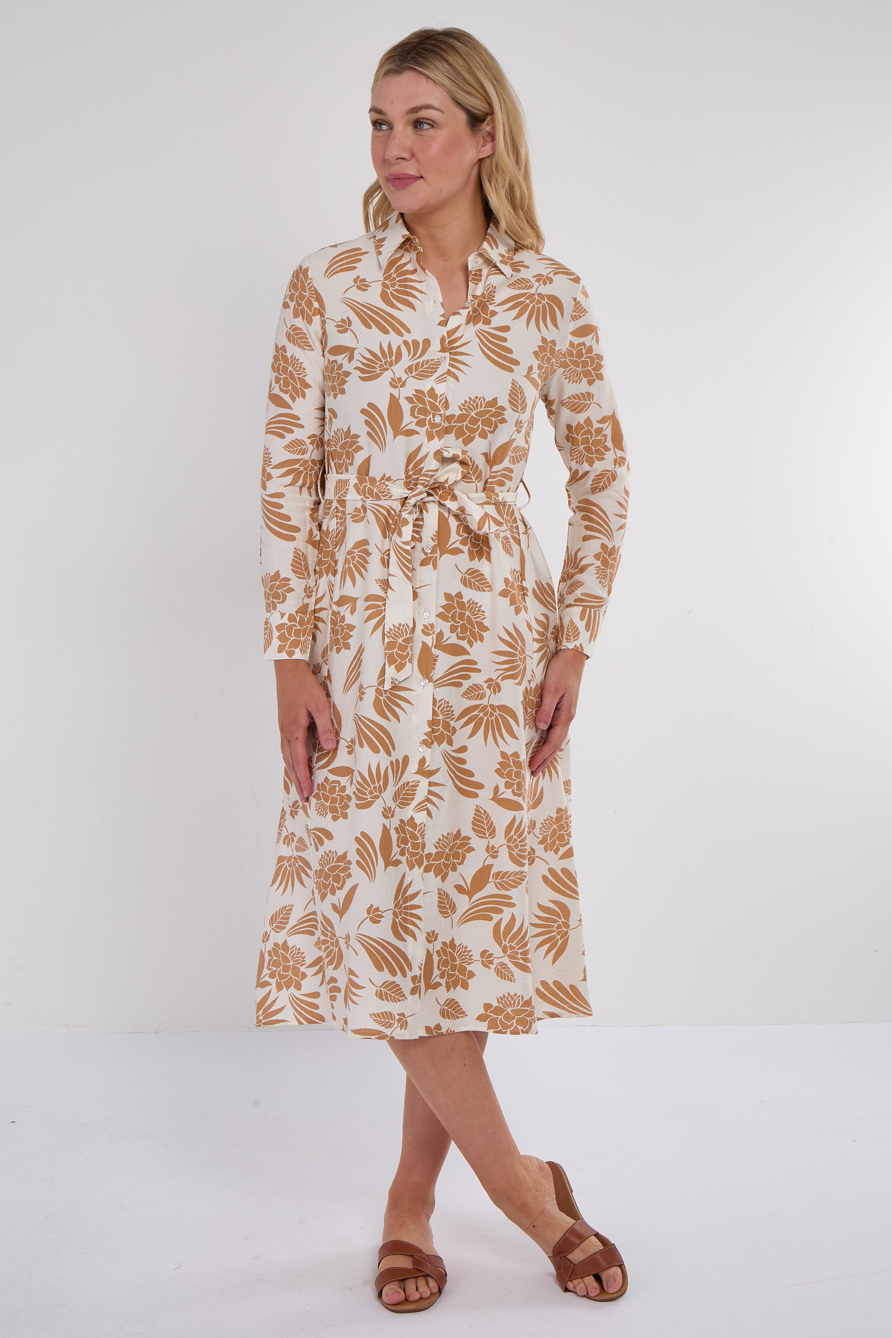 Ochre Botanical Print Midi Shirt Dress