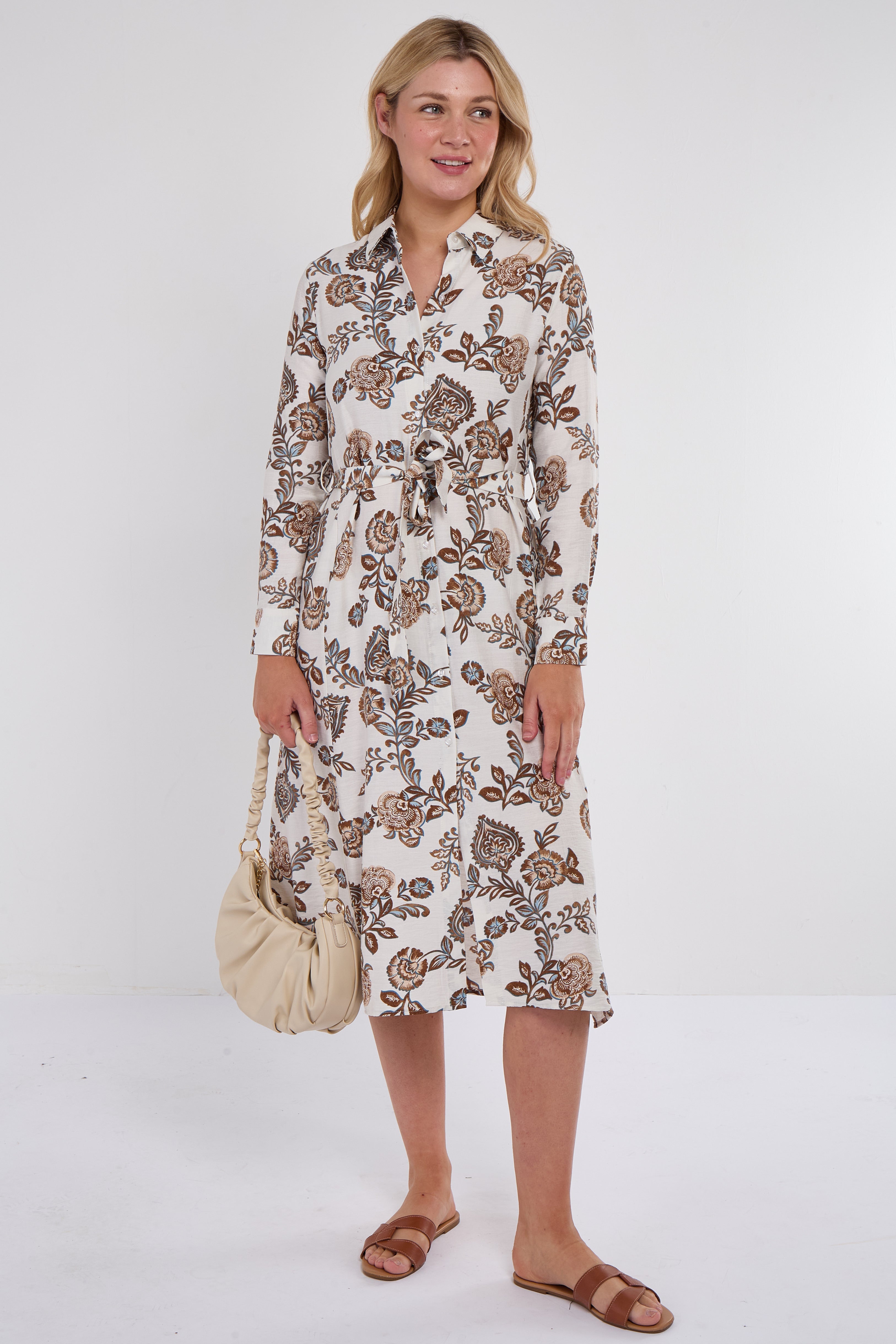 Caramel Paisley Botanical Print Midi Shirt Dress
