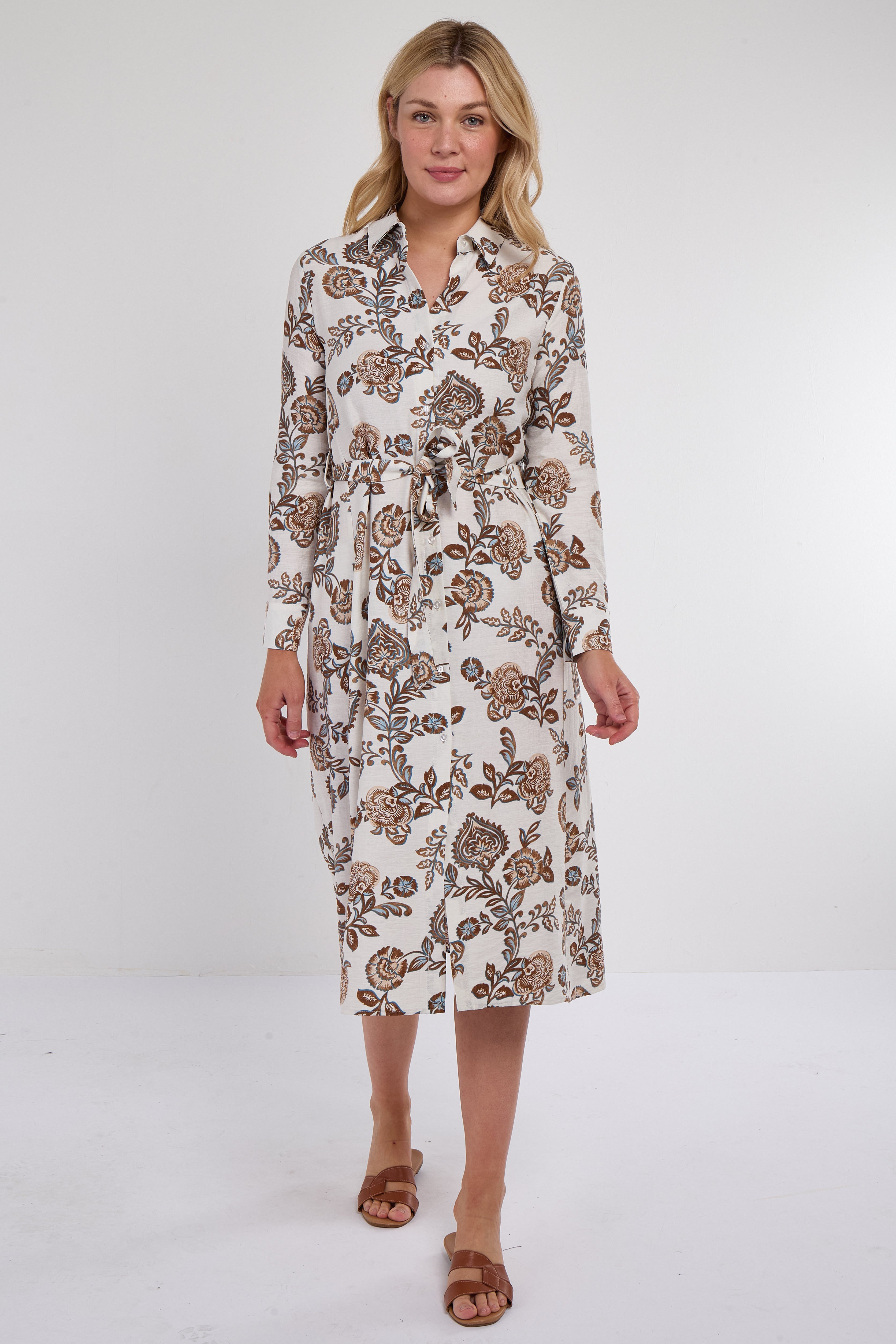 Caramel Paisley Botanical Print Midi Shirt Dress