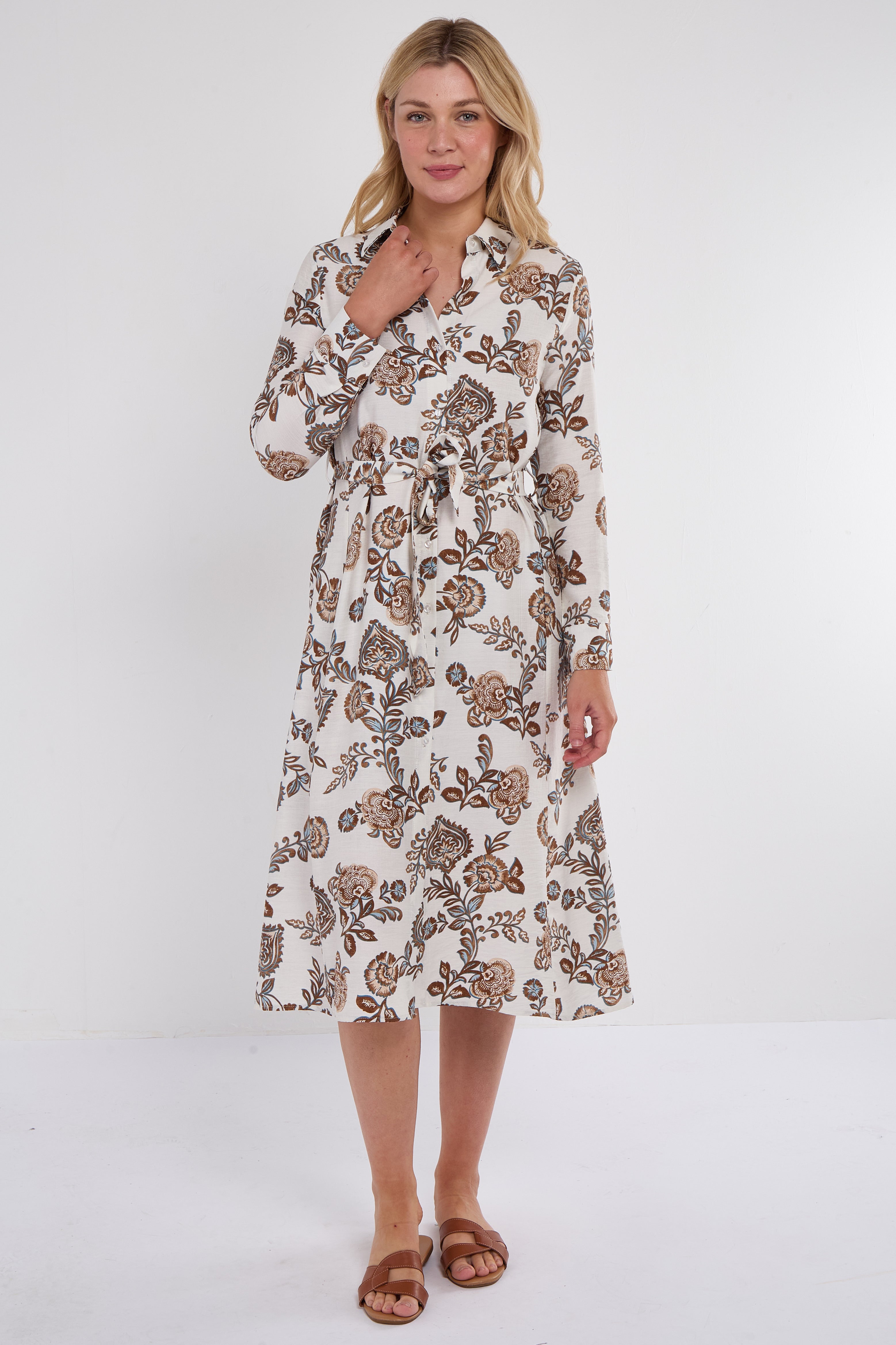 Caramel Paisley Botanical Print Midi Shirt Dress