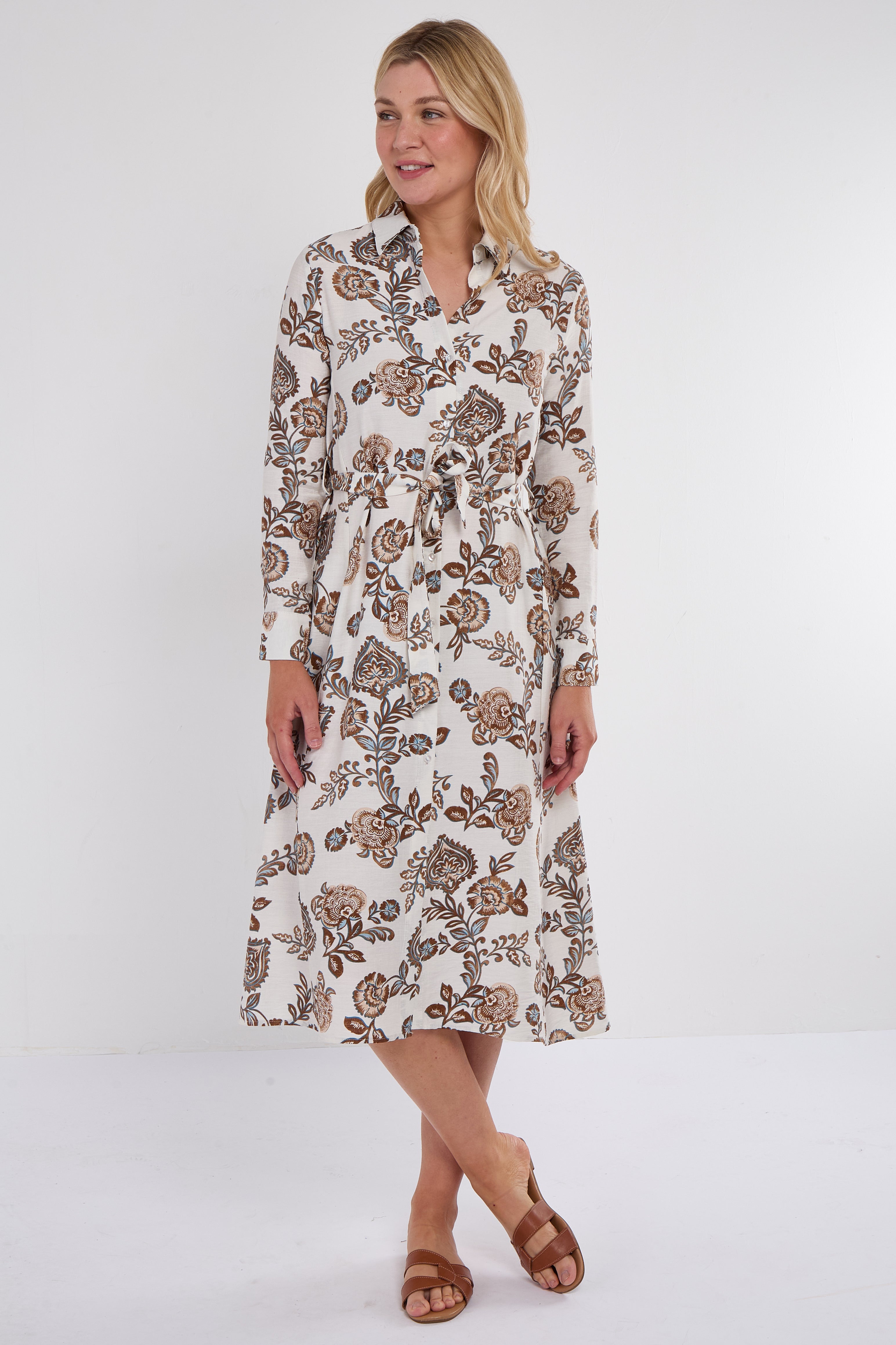 Caramel Paisley Botanical Print Midi Shirt Dress