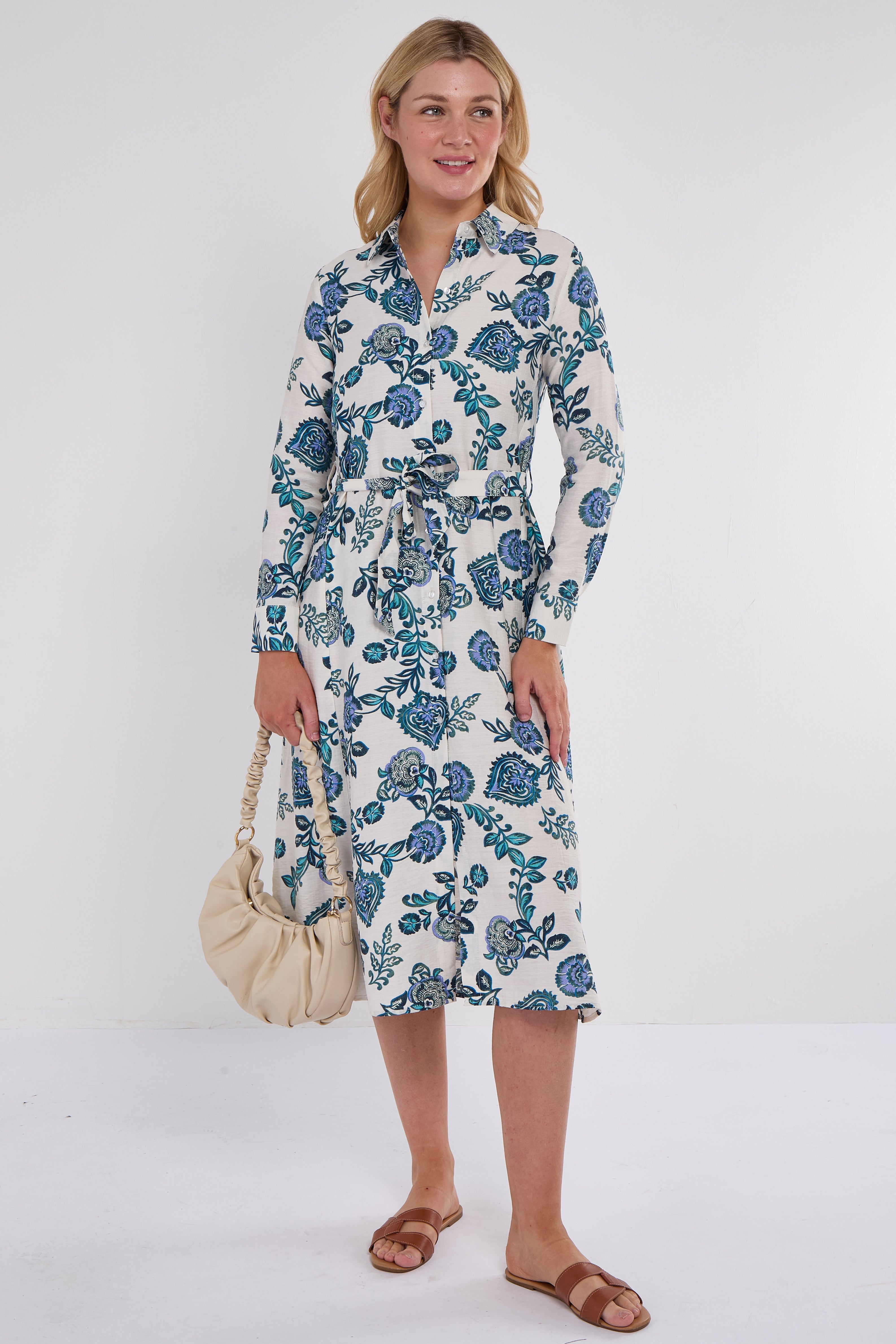 Blue Paisley Botanical Print Midi Shirt Dress