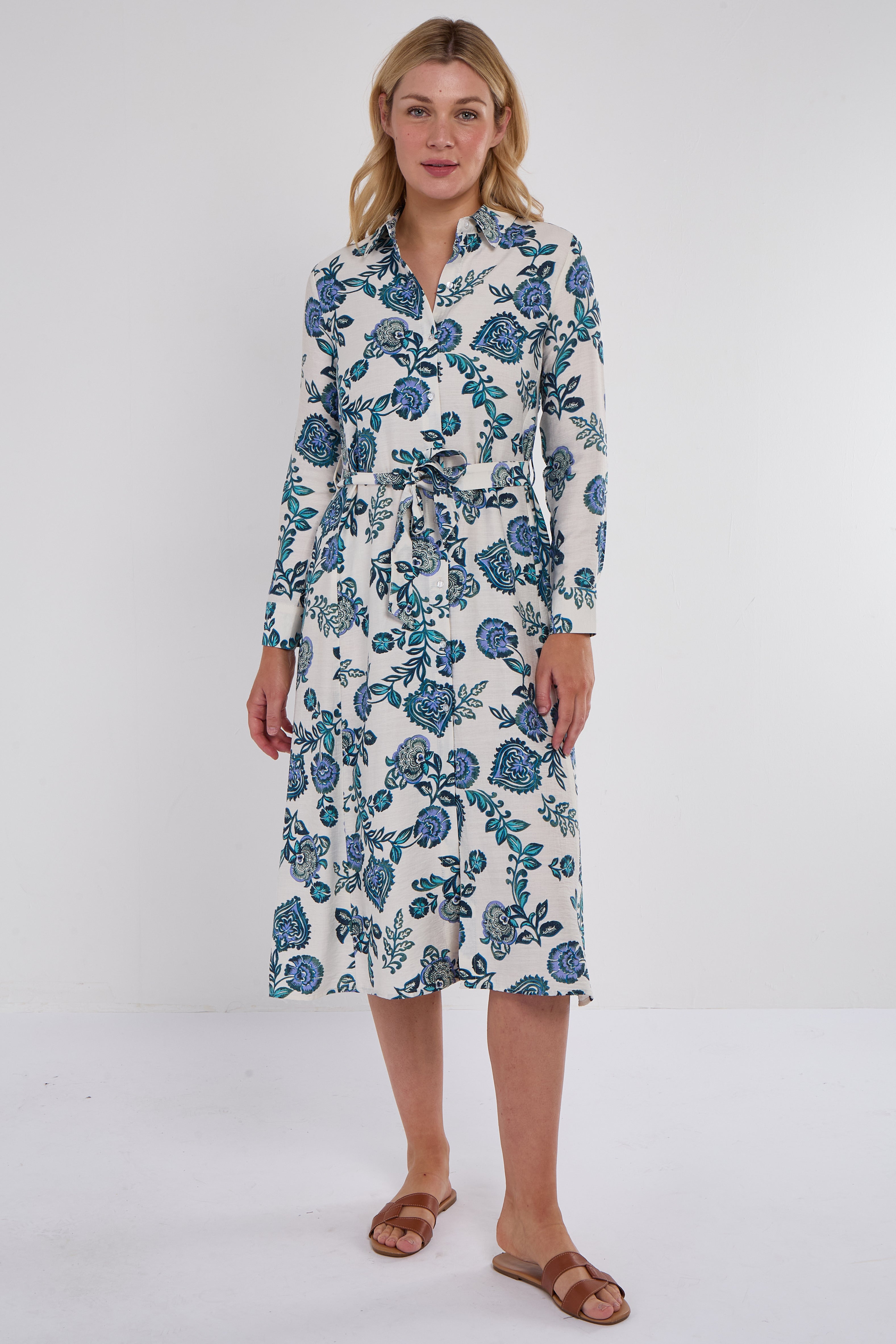 Blue Paisley Botanical Print Midi Shirt Dress