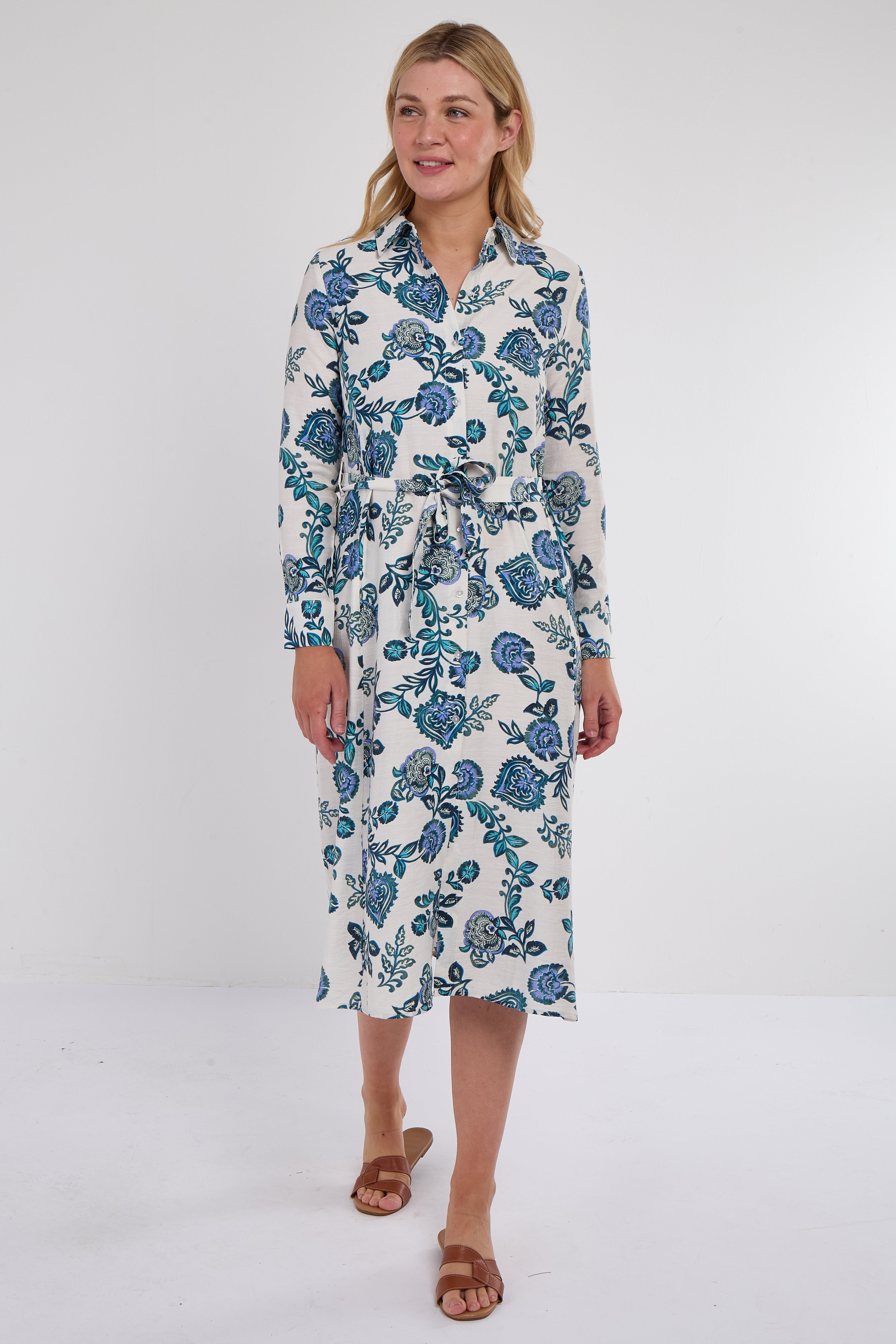 Blue Paisley Botanical Print Midi Shirt Dress