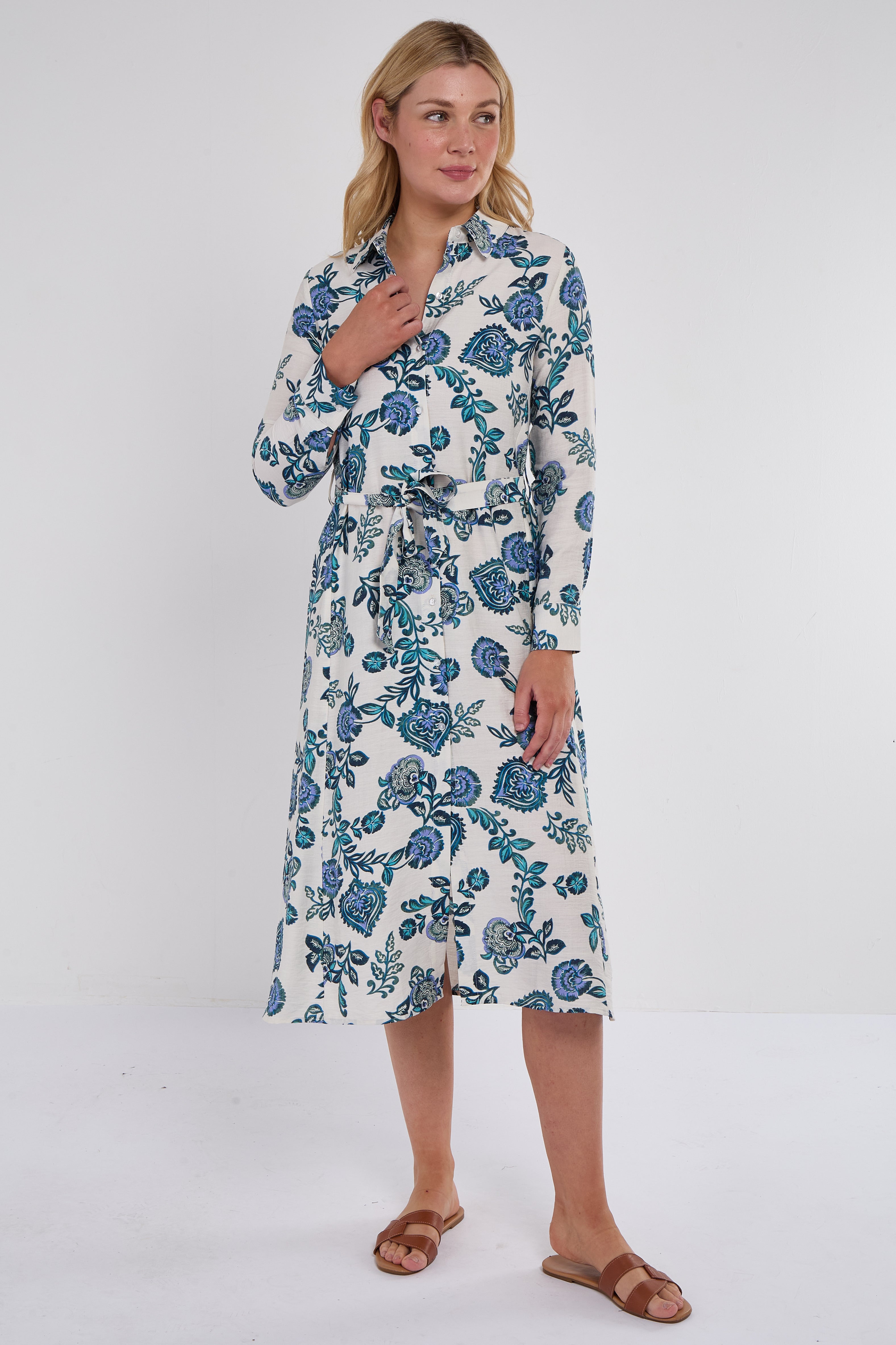 Blue Paisley Botanical Print Midi Shirt Dress