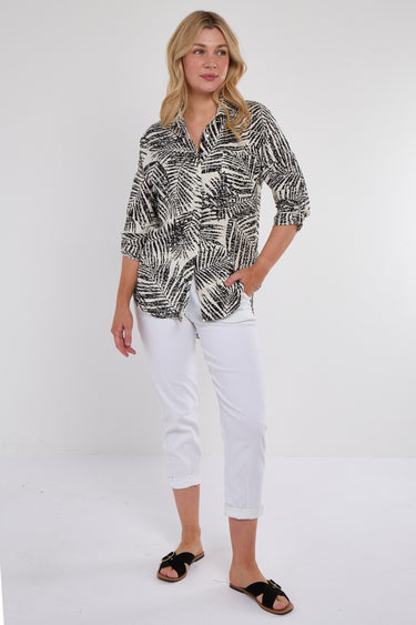 Black Palm Leaf Print Long Sleeve Shirt
