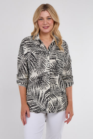 Black Palm Leaf Print Long Sleeve Shirt