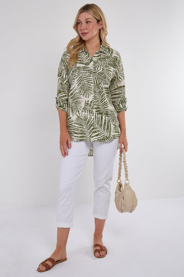 Green Palm Leaf Print Long Sleeve Shirt