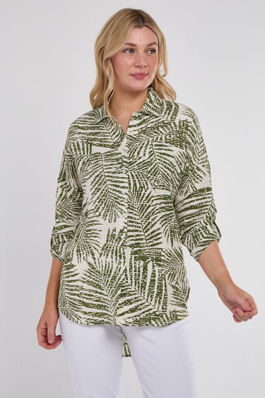 Green Palm Leaf Print Long Sleeve Shirt