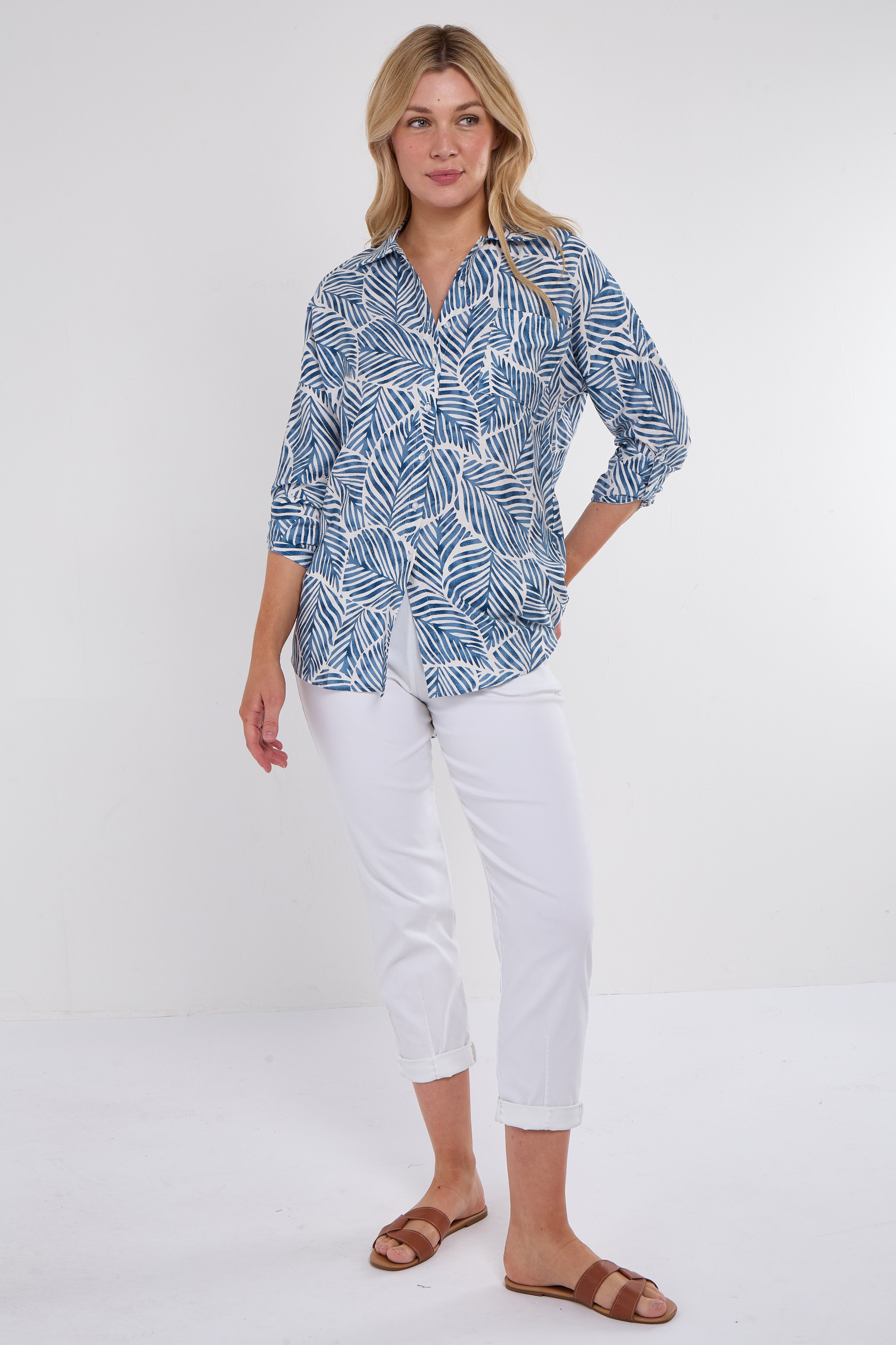 Blue Leaf Print Oversized Shirt