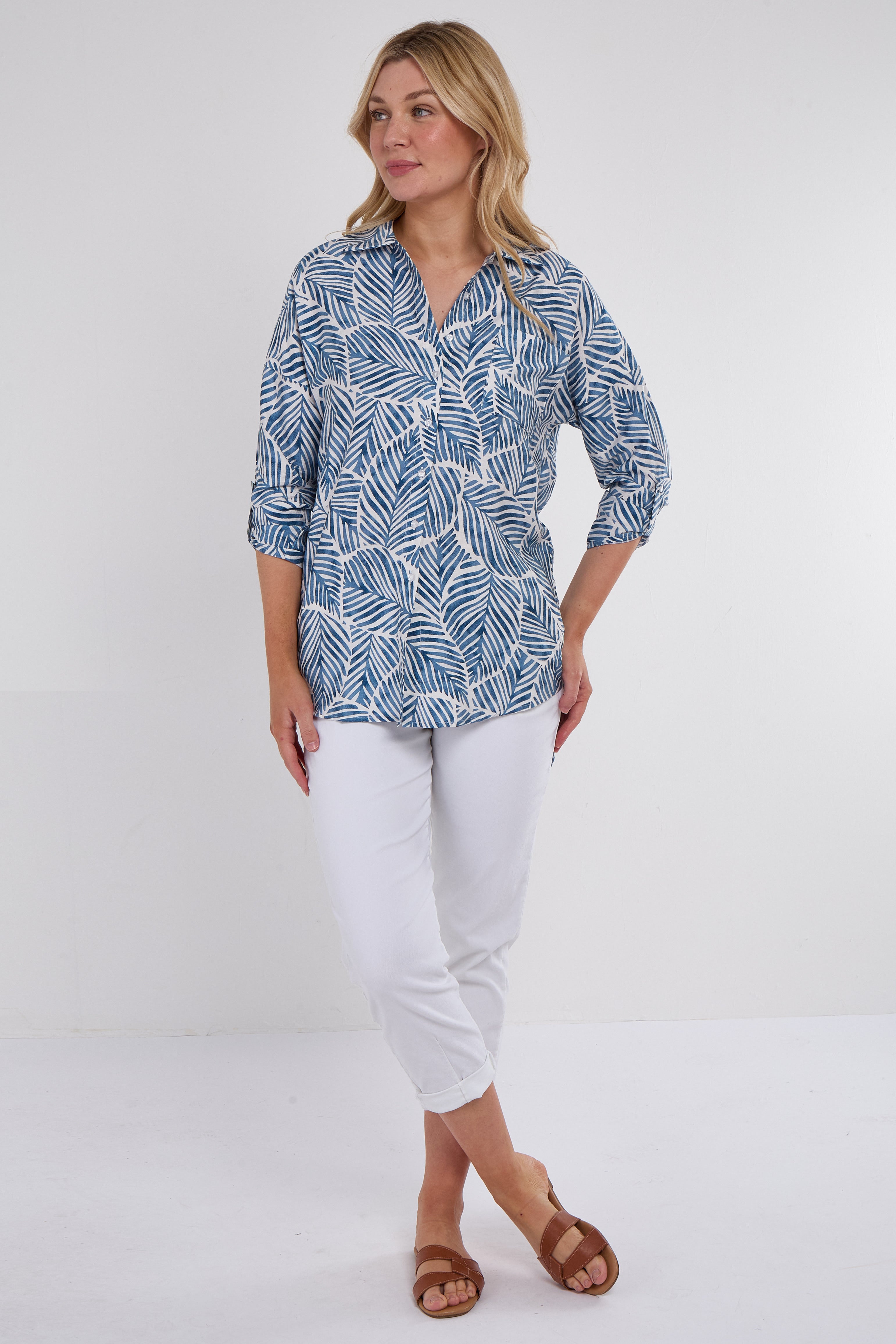 Blue Leaf Print Oversized Shirt