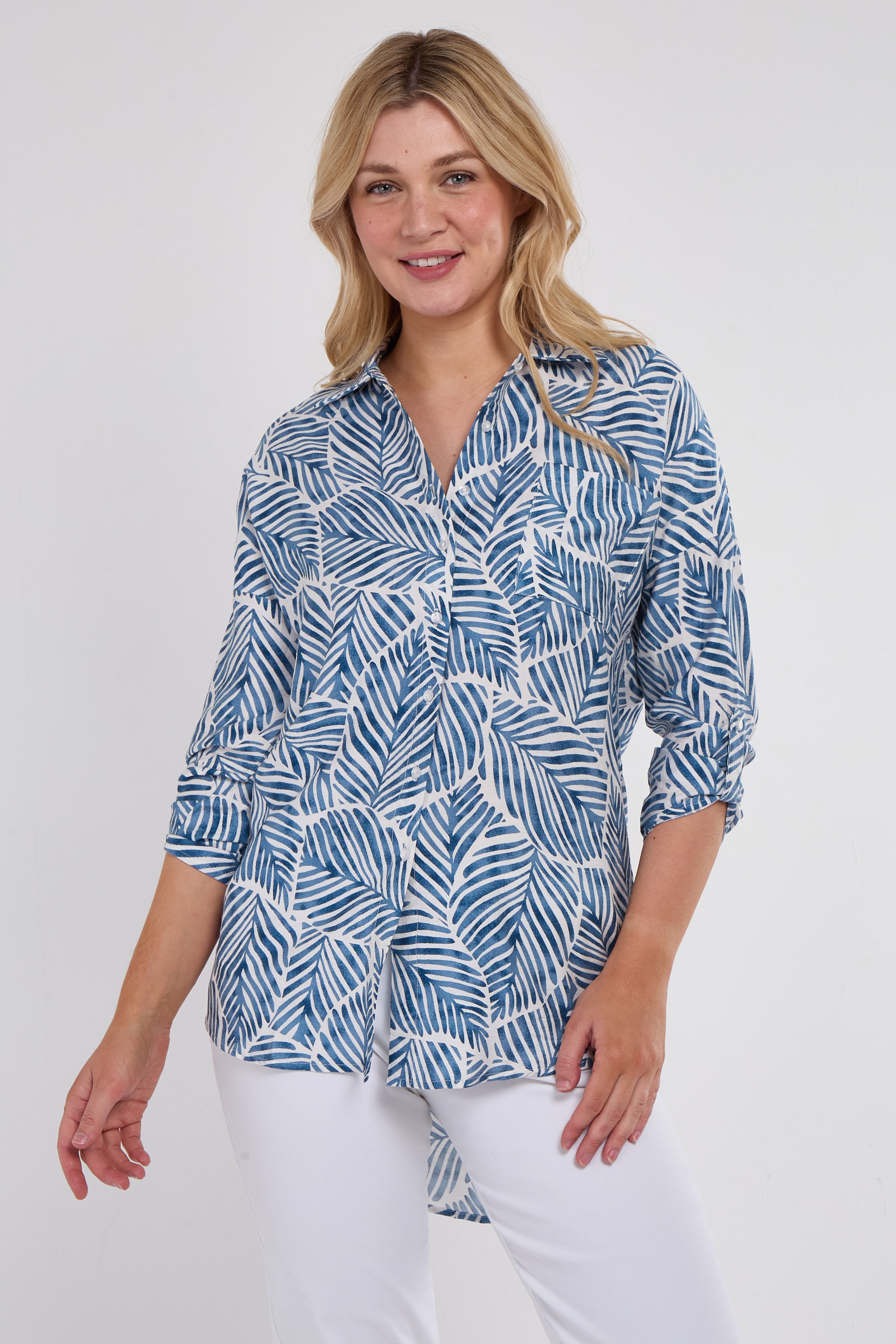 Blue Leaf Print Oversized Shirt