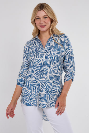 Blue Leaf Print Oversized Shirt