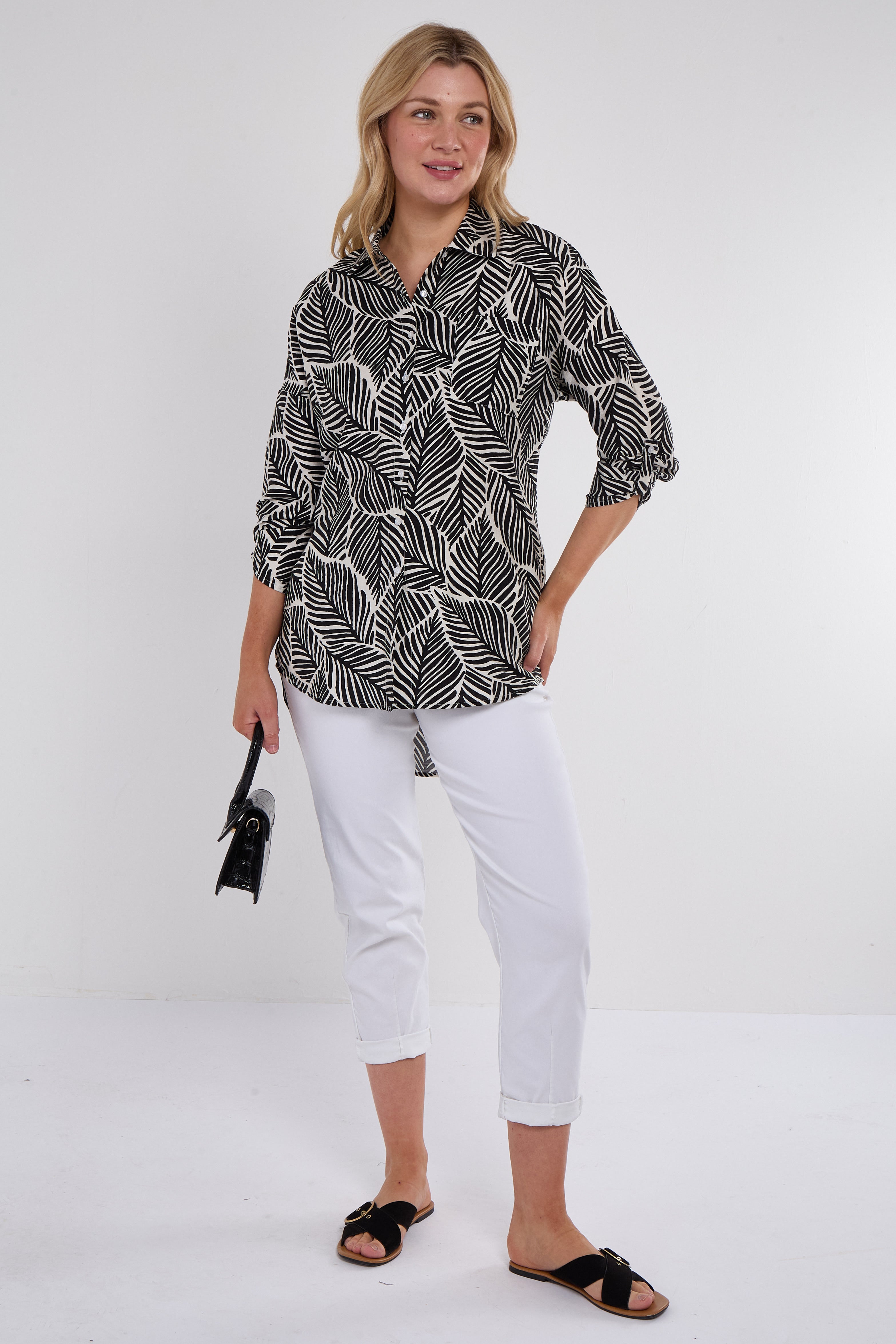 Black Leaf Print Oversized Shirt