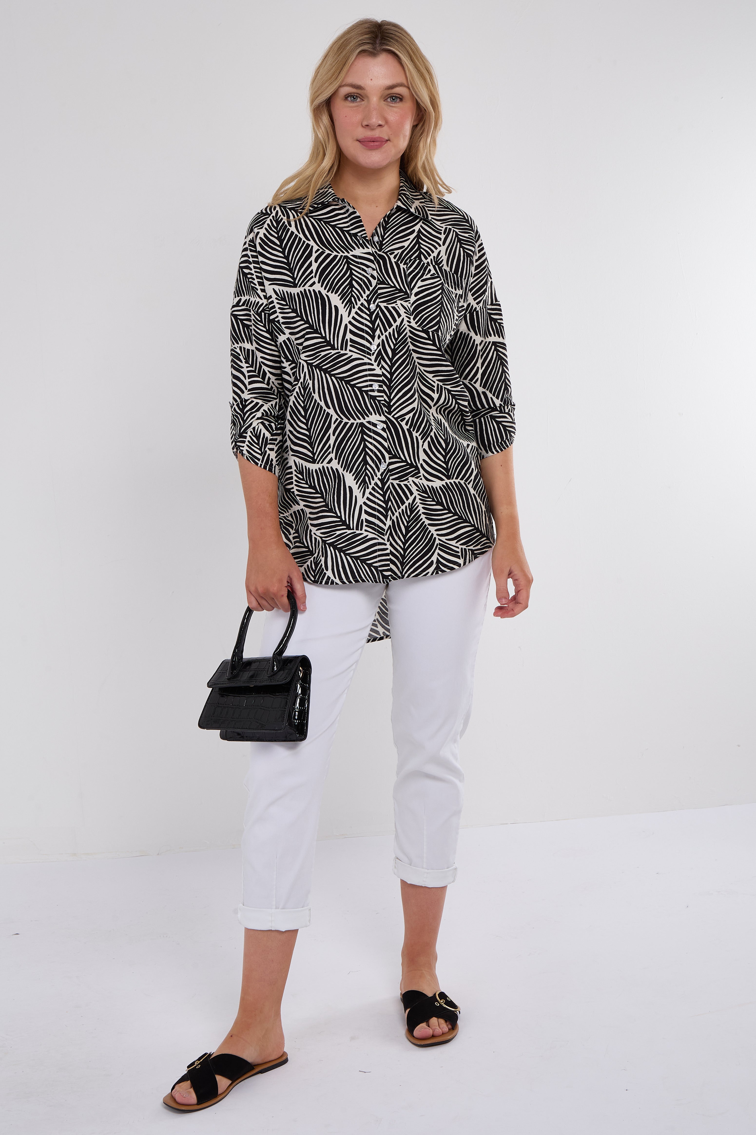 Black Leaf Print Oversized Shirt