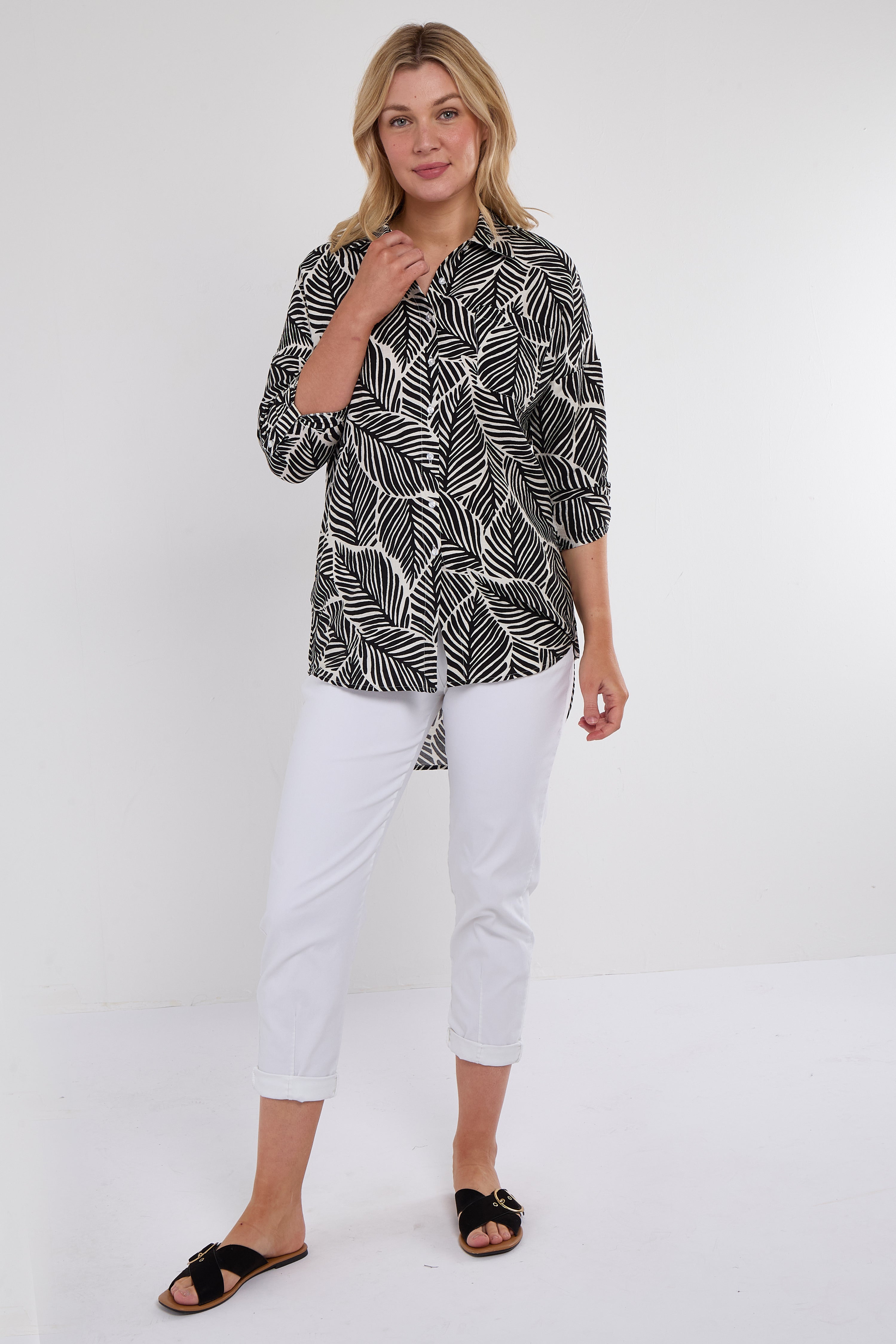 Black Leaf Print Oversized Shirt