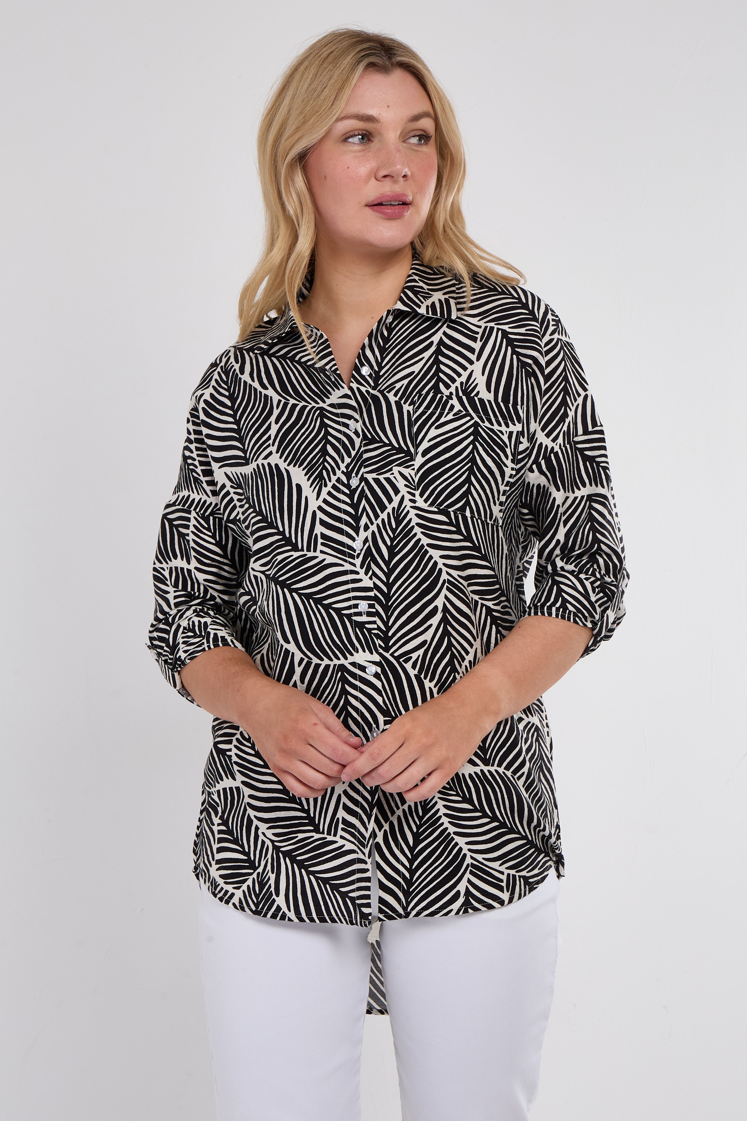 Black Leaf Print Oversized Shirt
