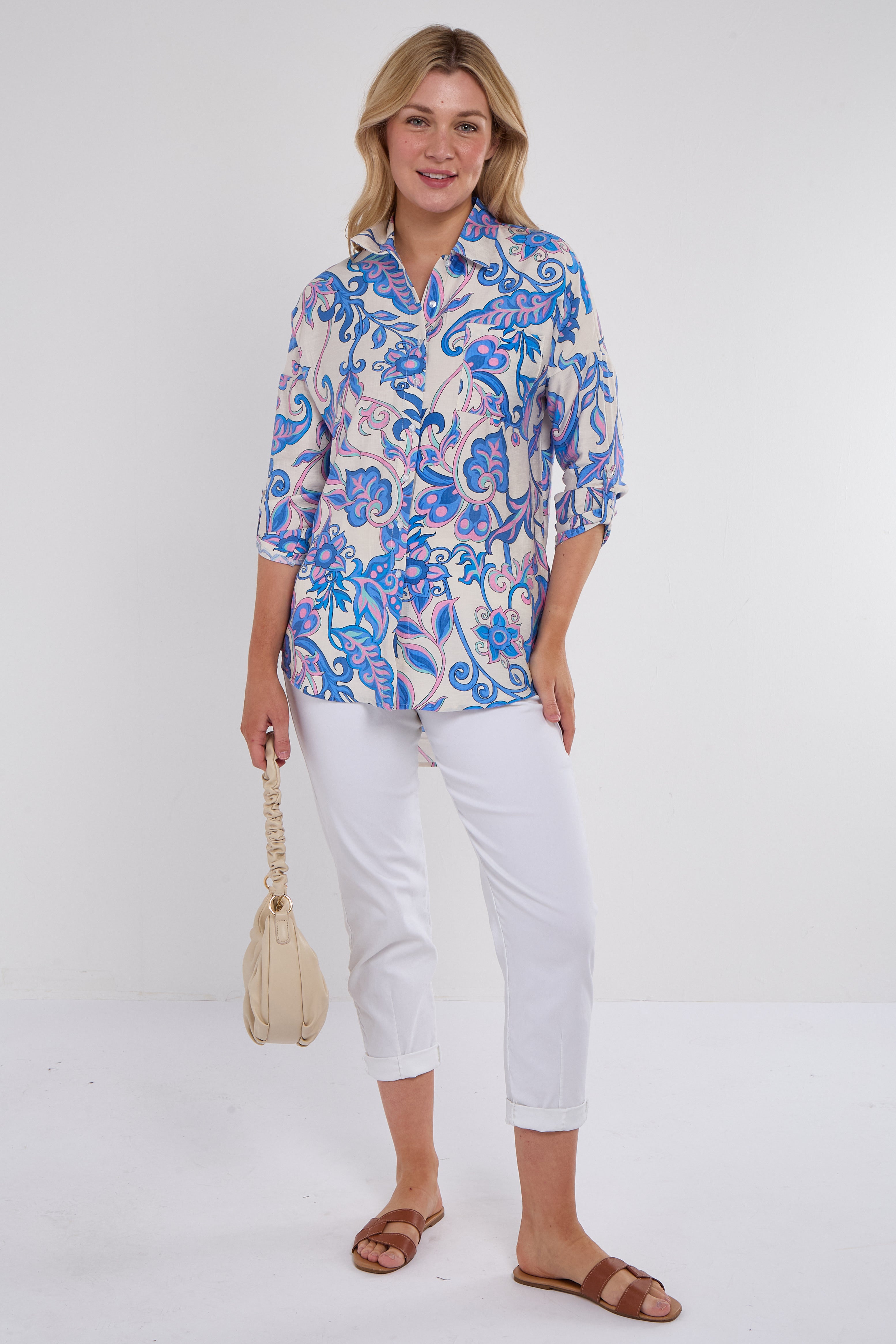 Blue and Pink Swirl Floral Print Long Sleeve Shirt