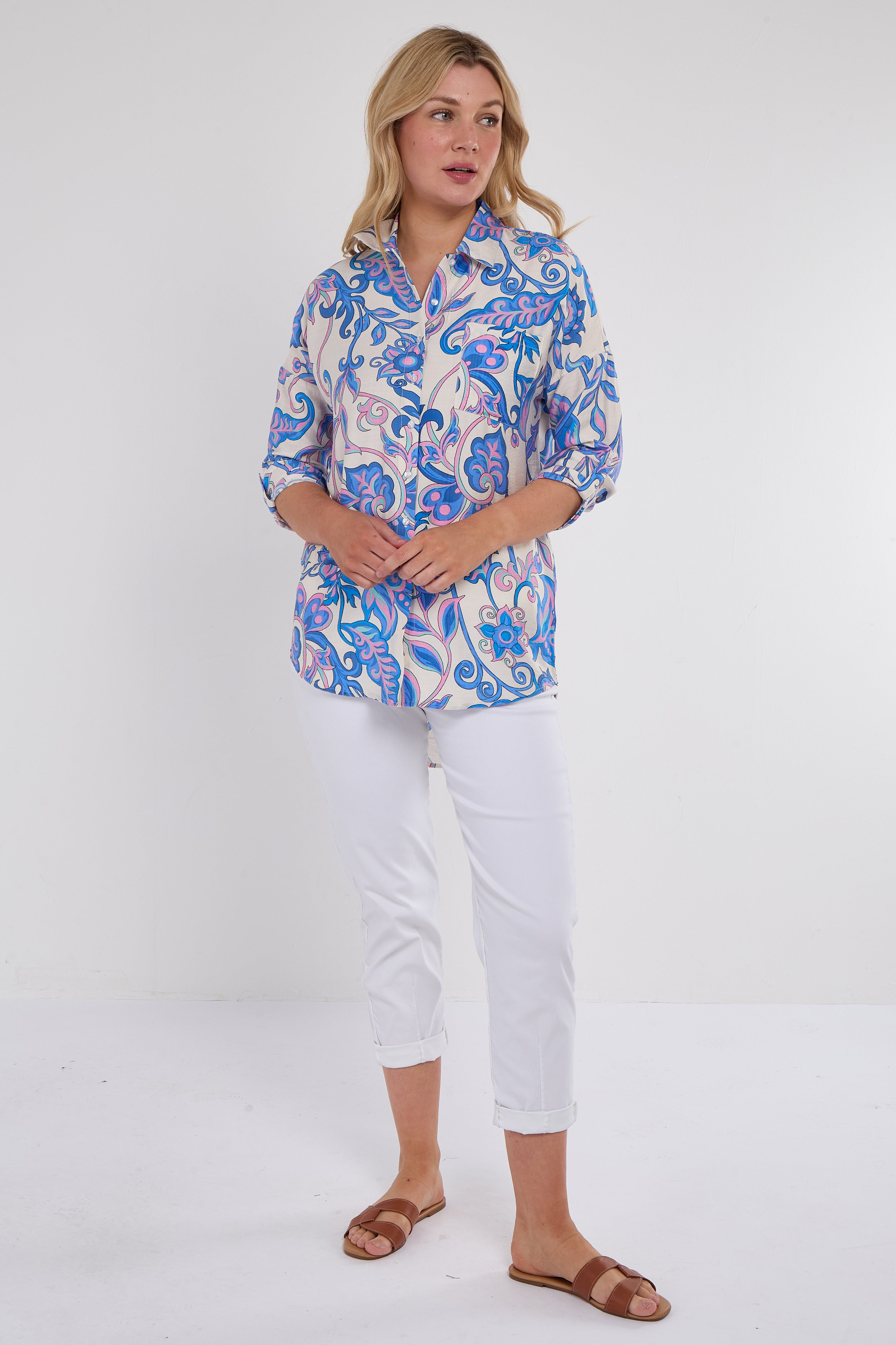 Blue and Pink Swirl Floral Print Long Sleeve Shirt