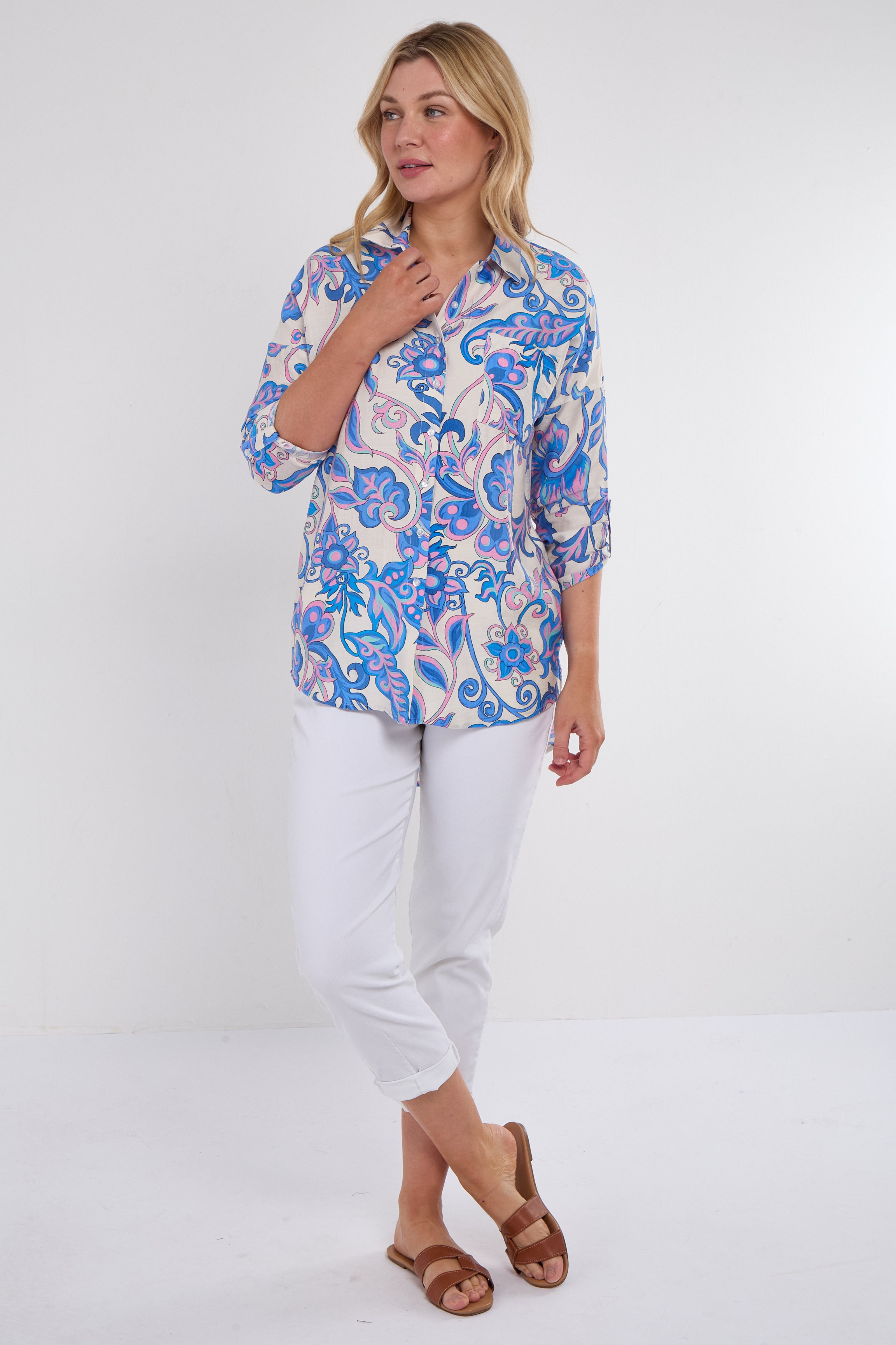 Blue and Pink Swirl Floral Print Long Sleeve Shirt