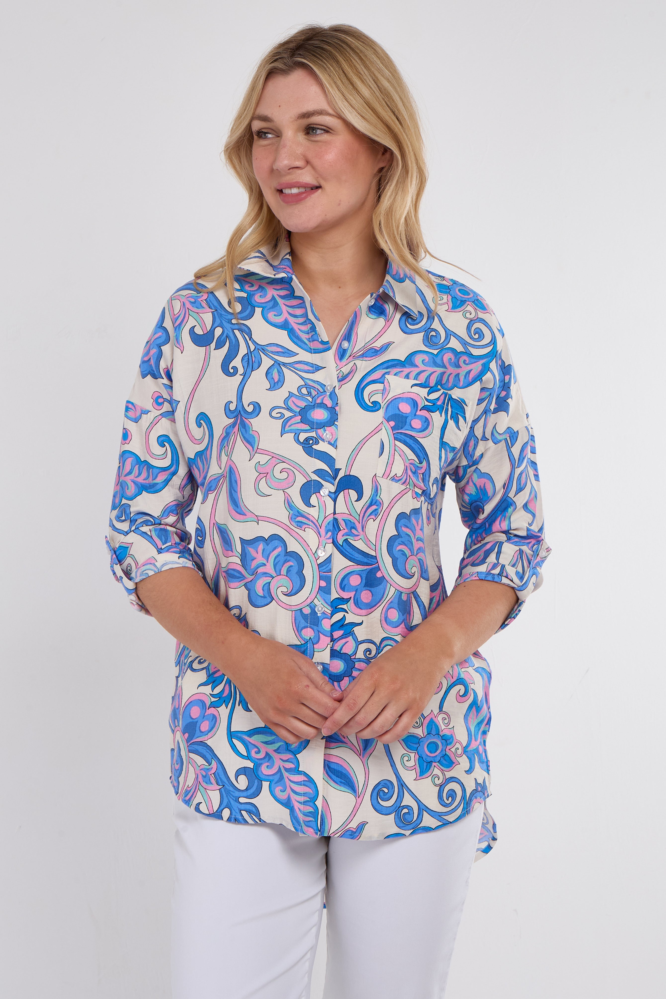 Blue and Pink Swirl Floral Print Long Sleeve Shirt
