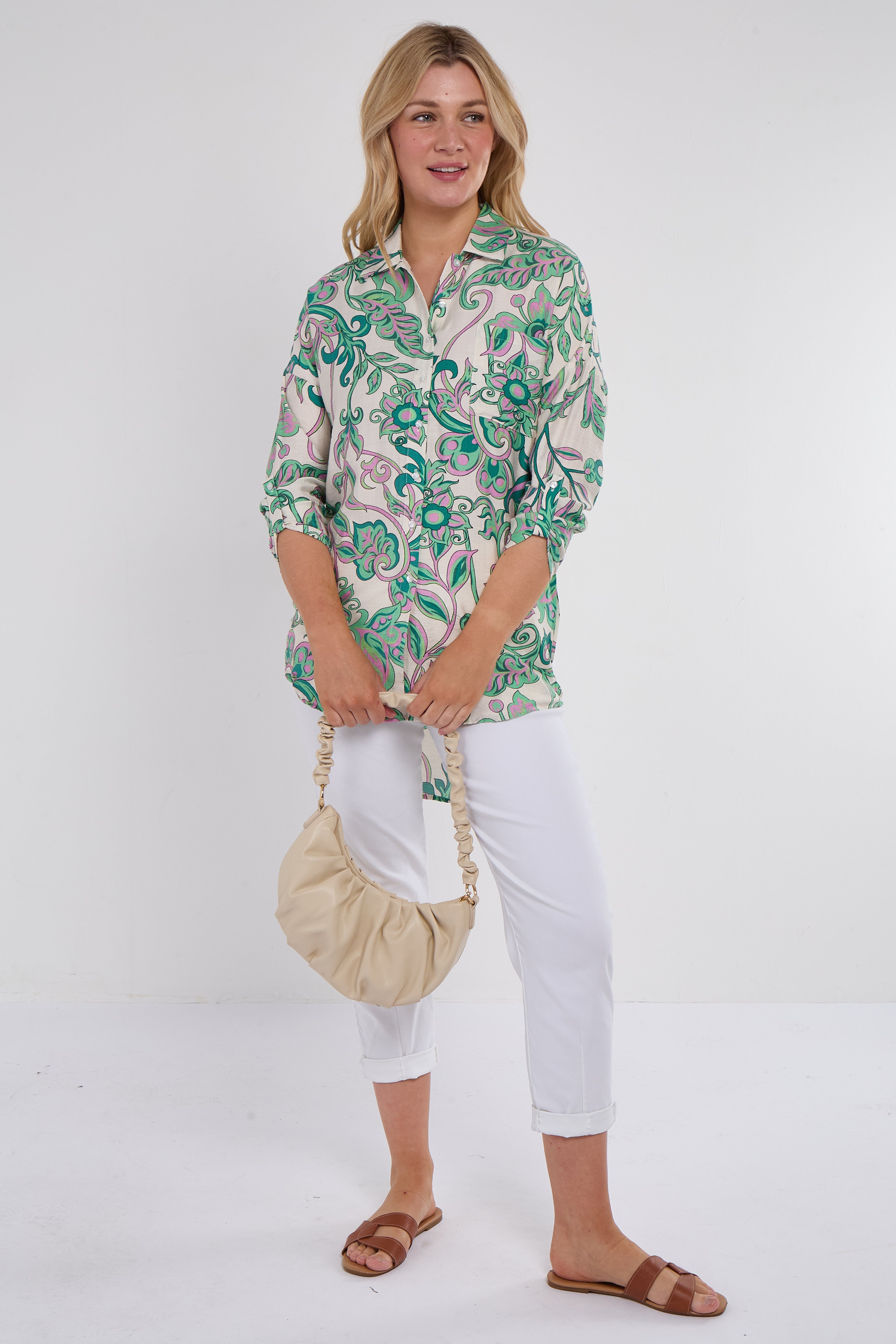 Green and Pink Swirl Floral Print Shirt