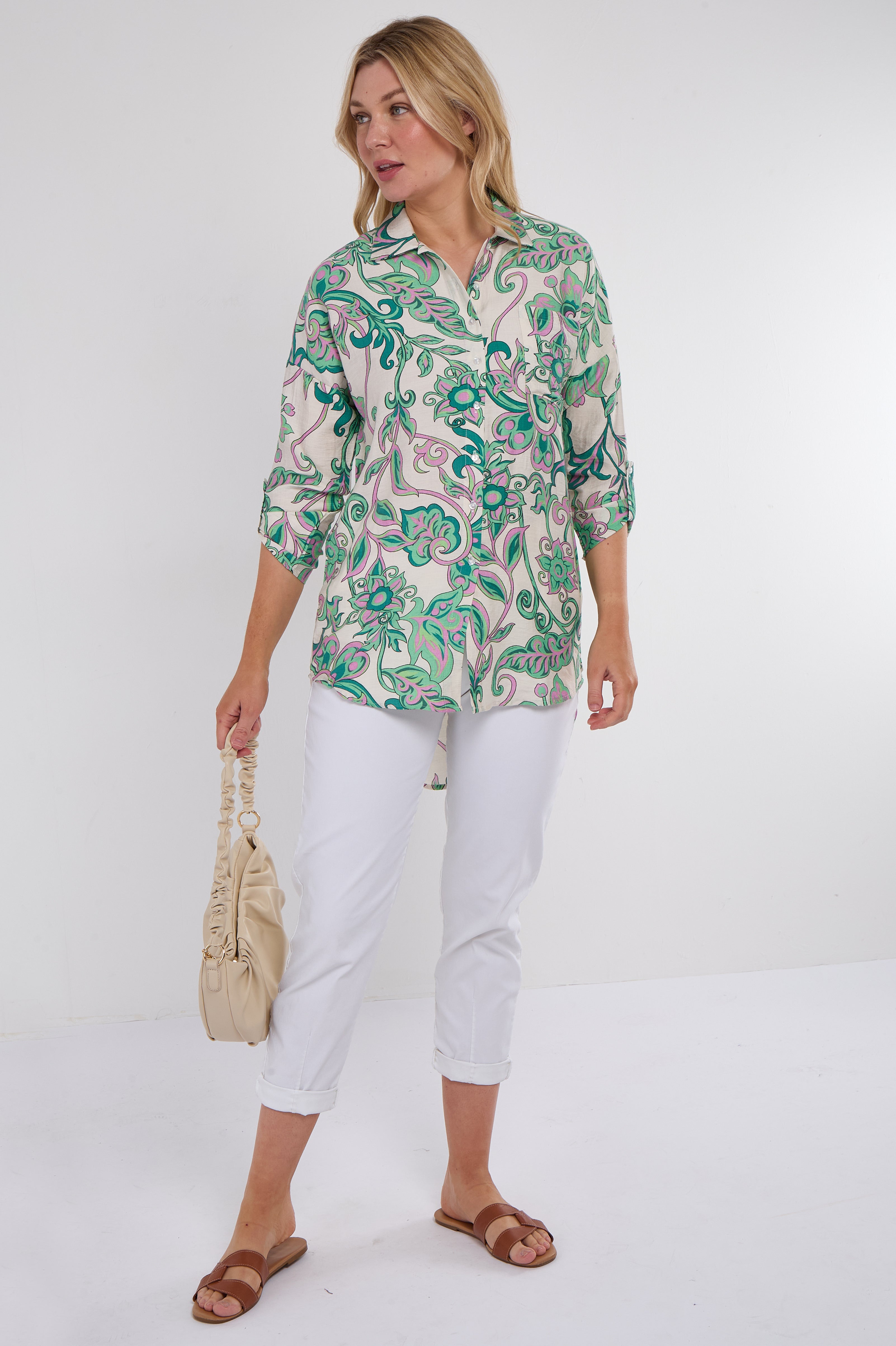 Green and Pink Swirl Floral Print Shirt