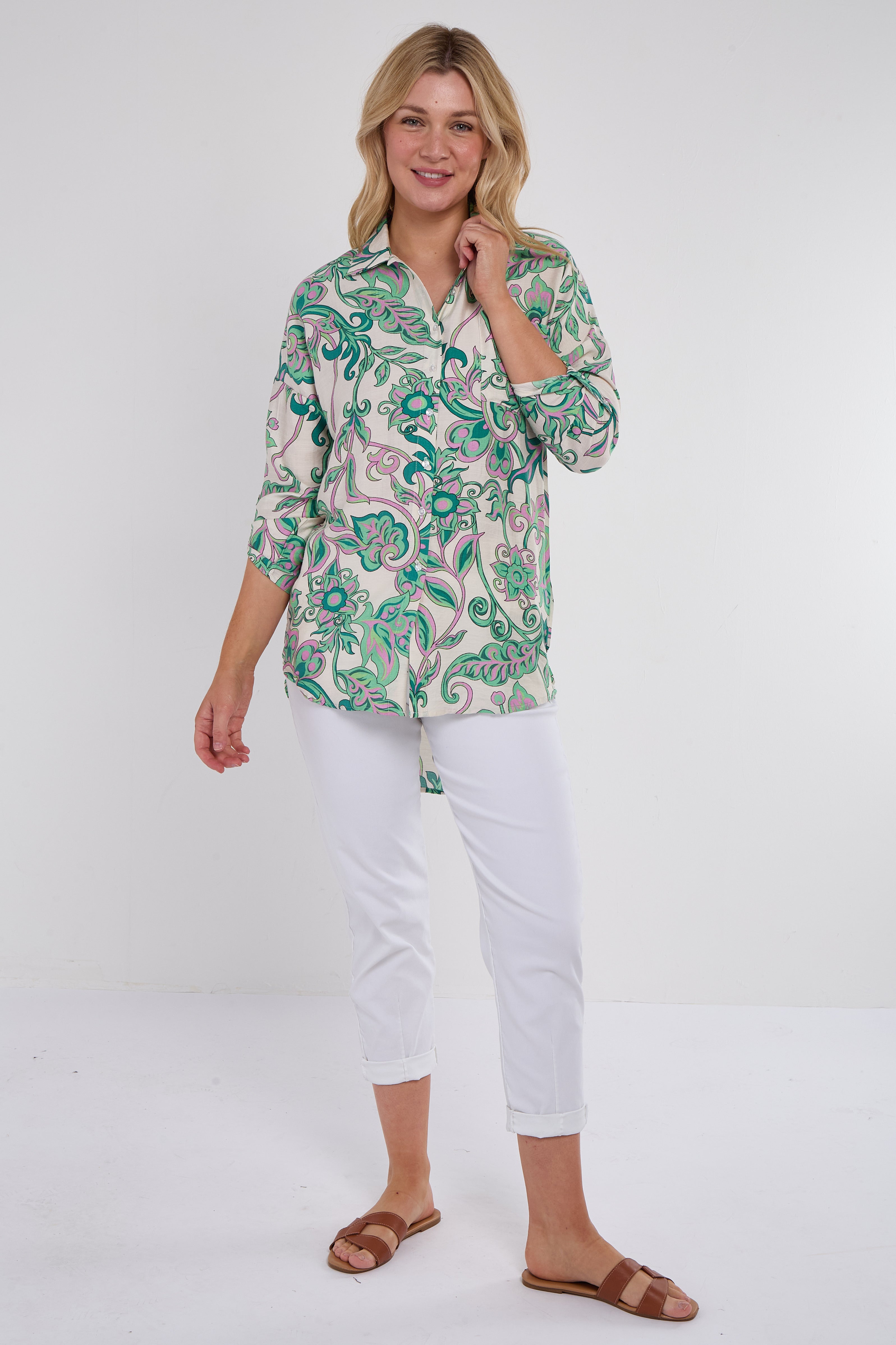 Green and Pink Swirl Floral Print Shirt