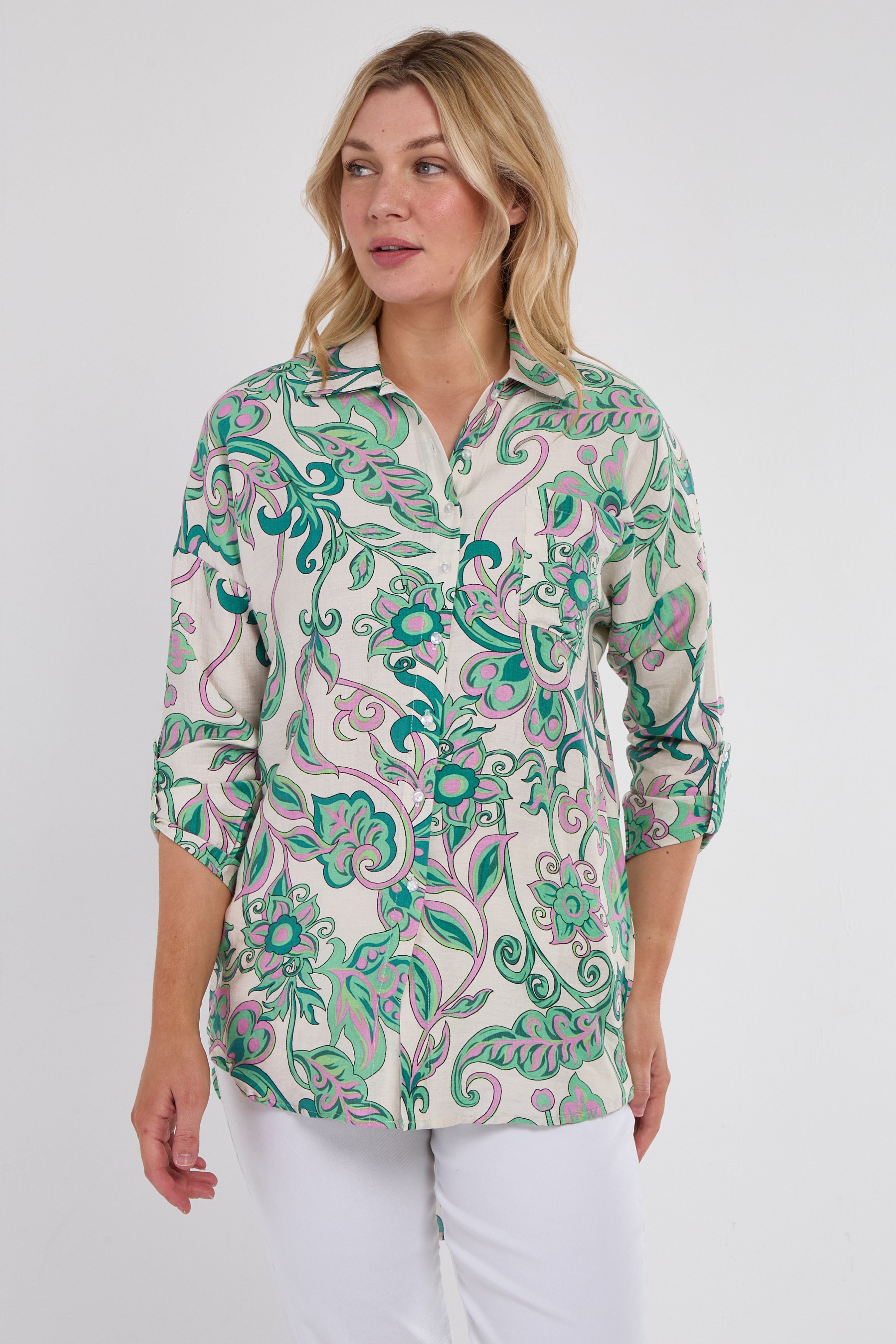 Green and Pink Swirl Floral Print Shirt