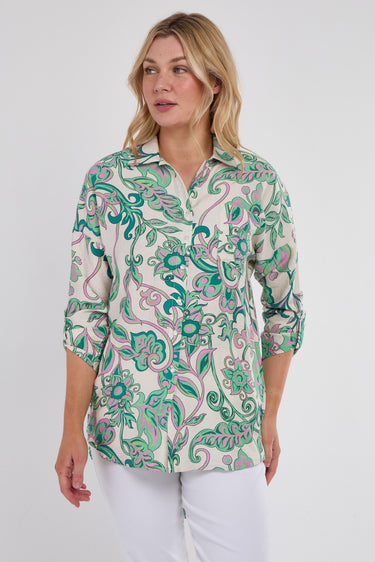 Green and Pink Swirl Floral Print Shirt