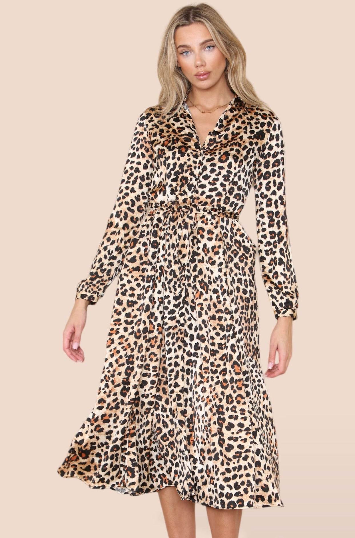 Love Sunshine Tan Leopard Print Cotton Satin Long Sleeve Midaxi Shirt Dress Brunch Dress Casual Dress Dress with Pockets Everyday Dress Garden Party Dress Leopard Print Dress Long Sleeve Dress LS-2037 Wedding Guest Dress