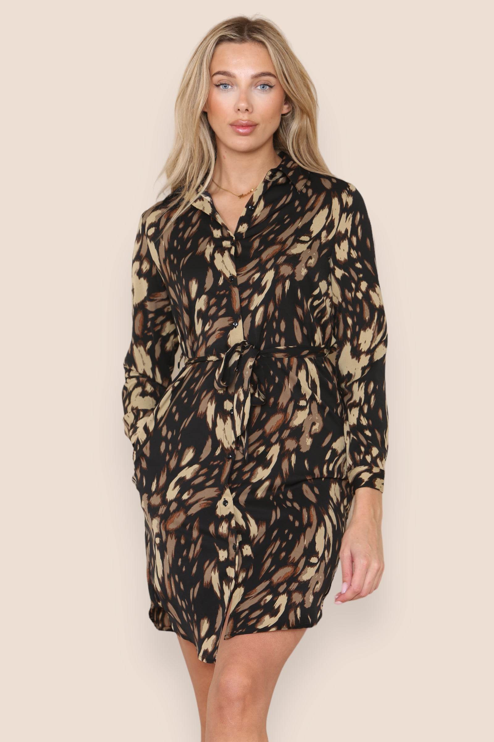 Love Sunshine Black Leopard Print Belted Mini Shirt Dress Brunch Dress Casual Dress Dress with Pockets Everyday Dress Leopard Print Dress Long Sleeve Dress LS-5026 Workwear Dress