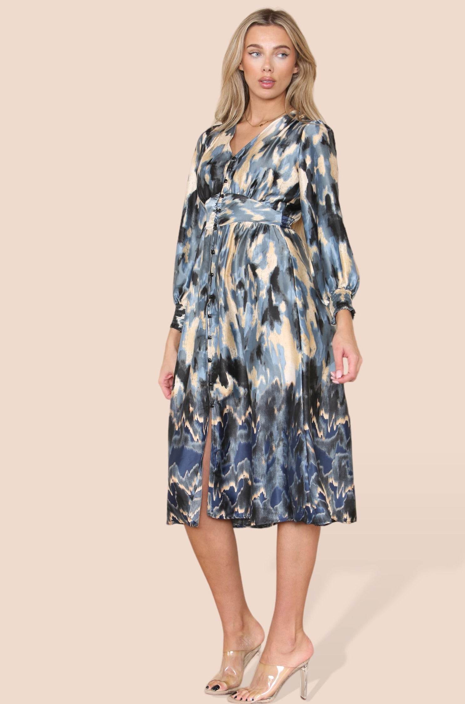 Love Sunshine Blue Grey Abstract Print V Neck Maxi Dress LS-2255
