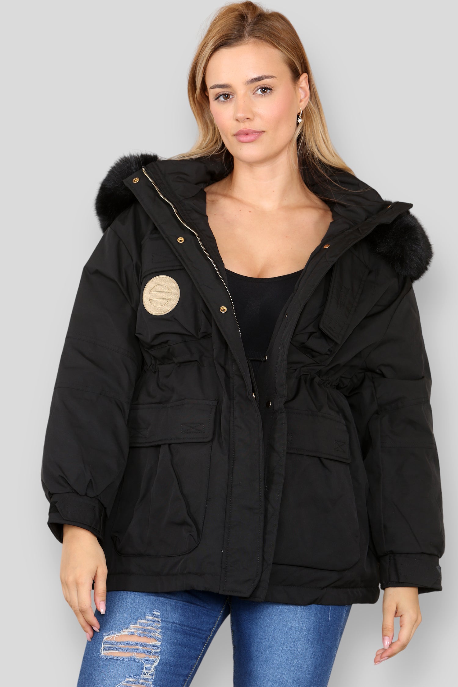 Love Sunshine Round Badge Hooded Black Puffer Jacket with Pockets LS-23MA