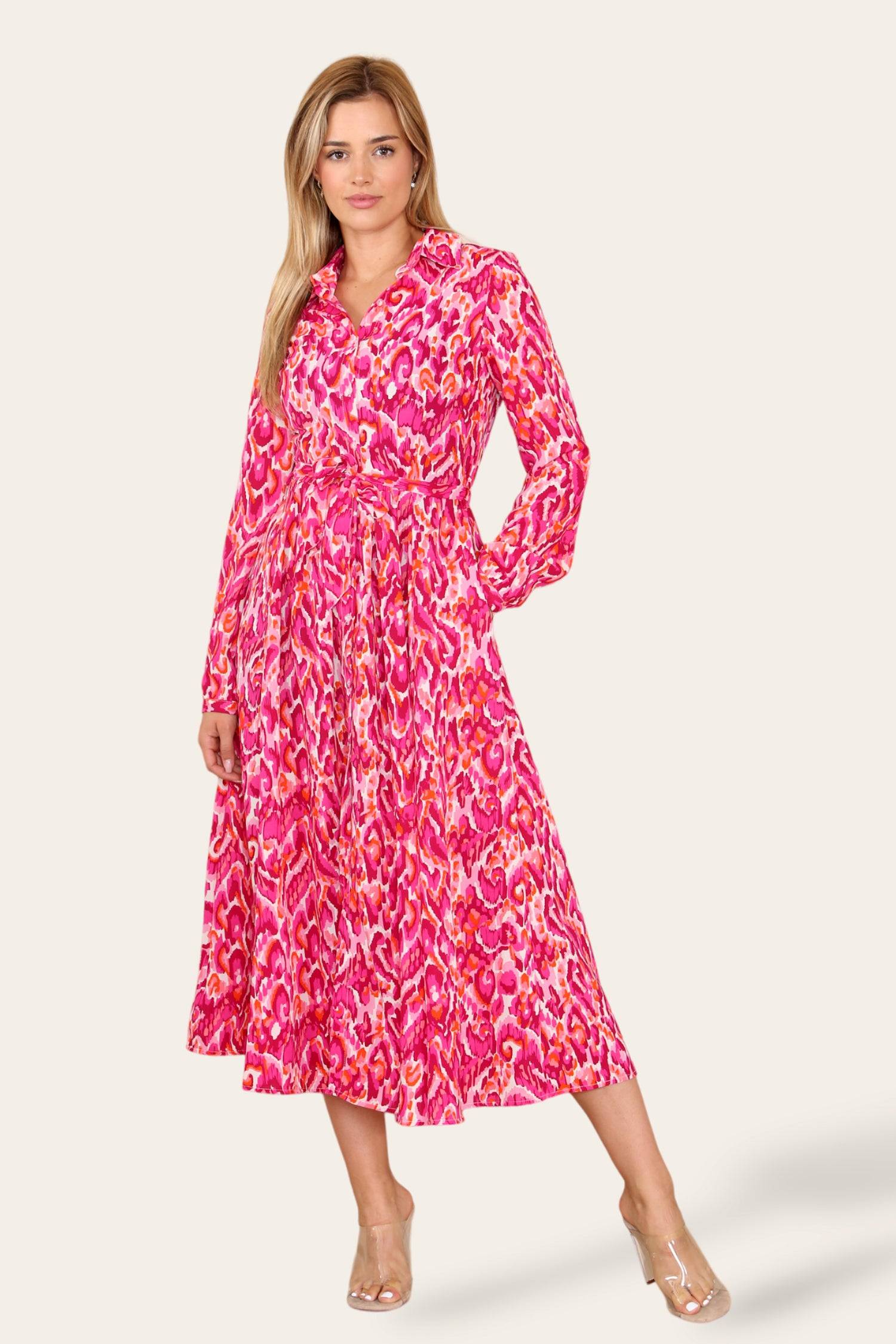 Love Sunshine Fuchsia Abstract Print Midaxi Shirt Dress Brunch Dress Casual Dress DB Dress with Pockets Everyday Dress Garden Party Dress Holiday Dress Long Sleeve Dress LS-2037 Wedding Guest Dress