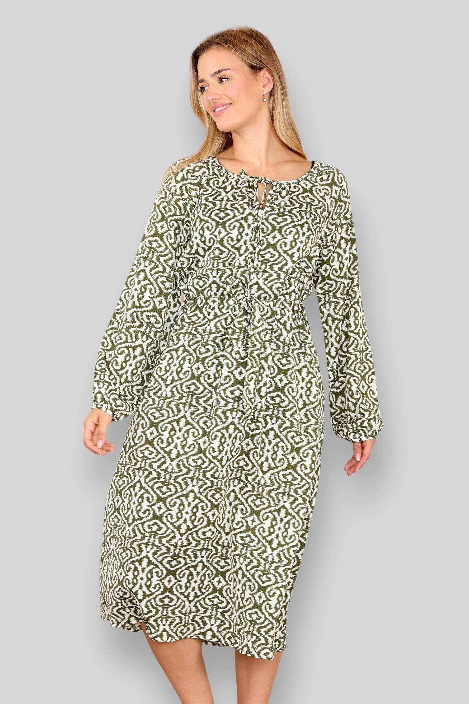Love Sunshine Olive Pattern Printed Belted Midi Dress LS-2250